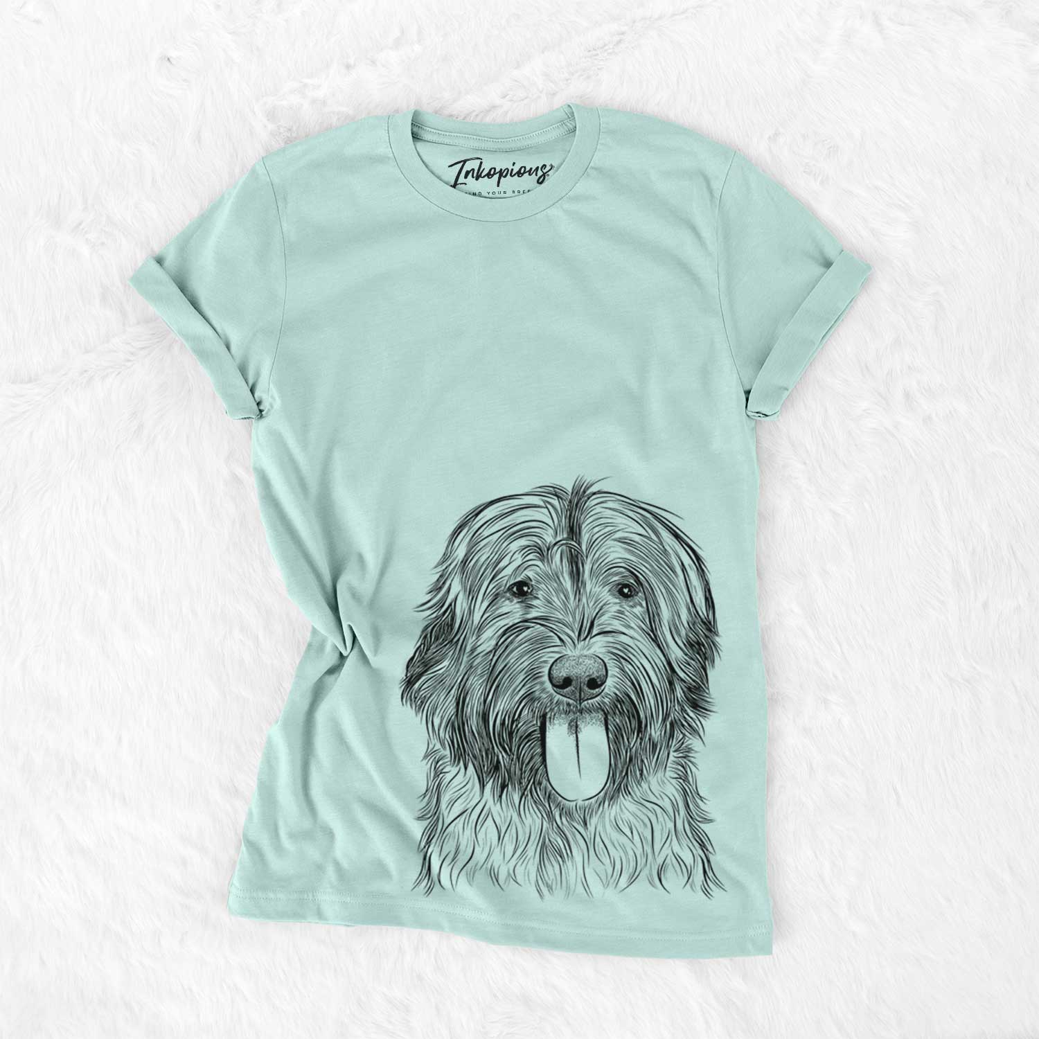 Hand-drawn sketch of Puig the Catalan Sheepdog on a Heather Sage Bella Canvas Unisex Crewneck