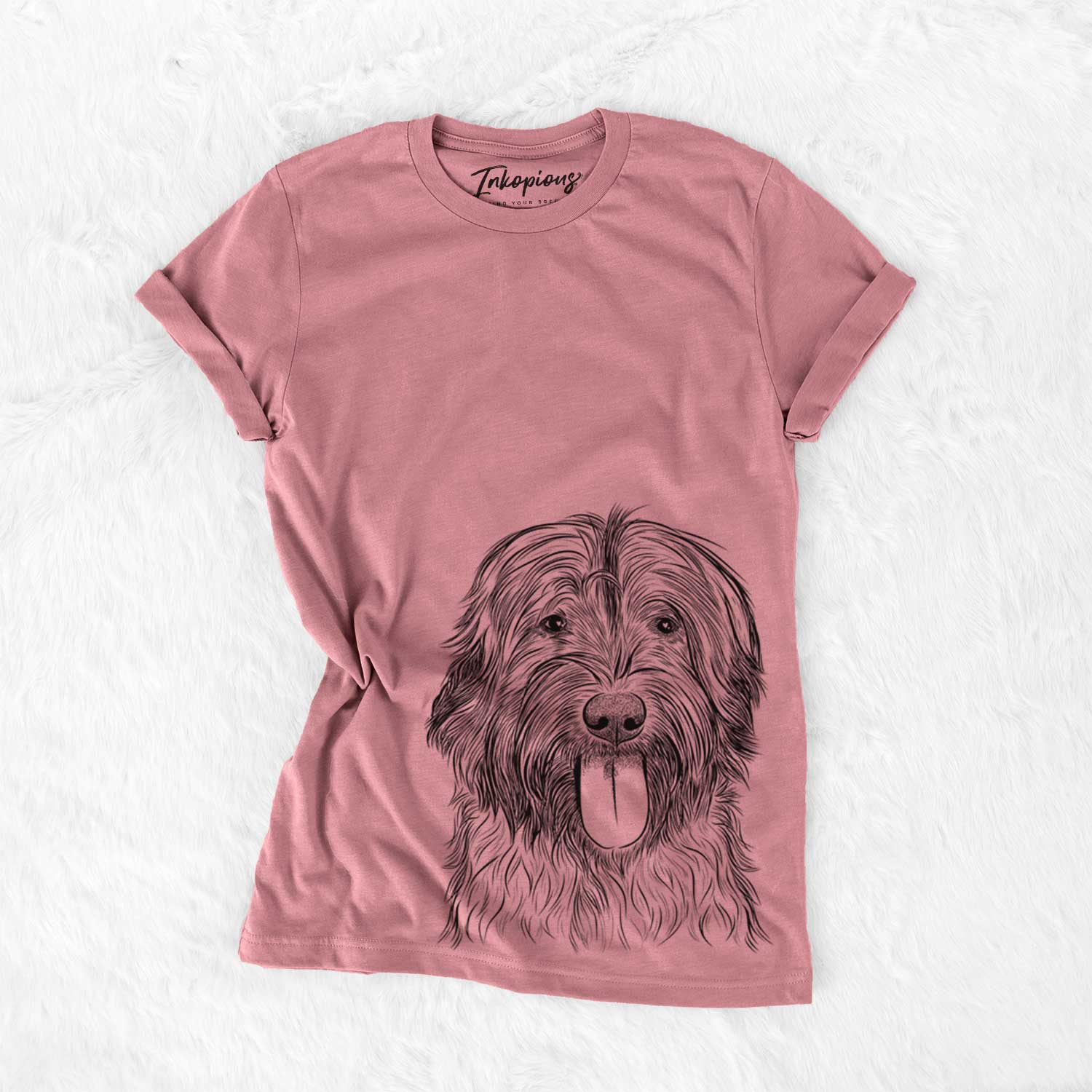 Hand-drawn sketch of Puig the Catalan Sheepdog on a Mauve Unisex crewneck