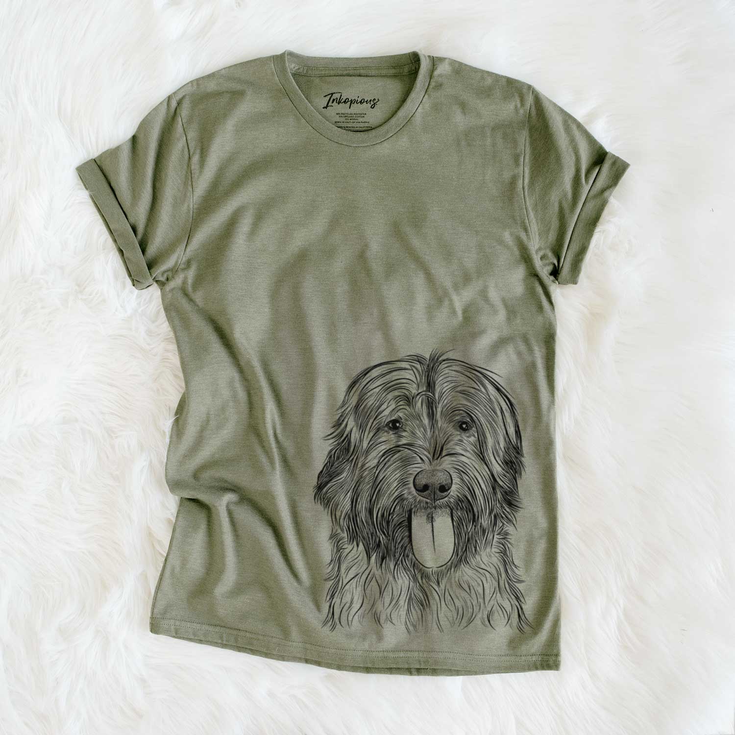 Hand-drawn sketch of Puig the Catalan Sheepdog on an Olive Unisex crewneck