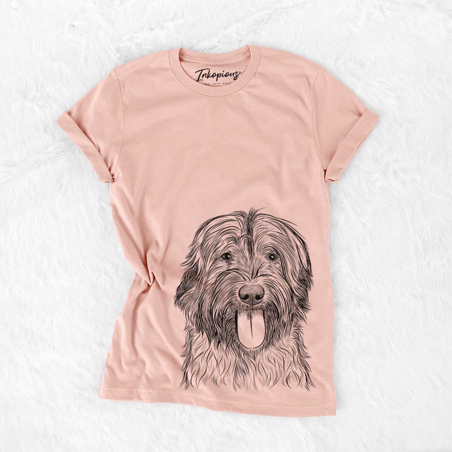 Hand-drawn sketch of Puig the Catalan Sheepdog on a Peach Bella Canvas Unisex Crewneck
