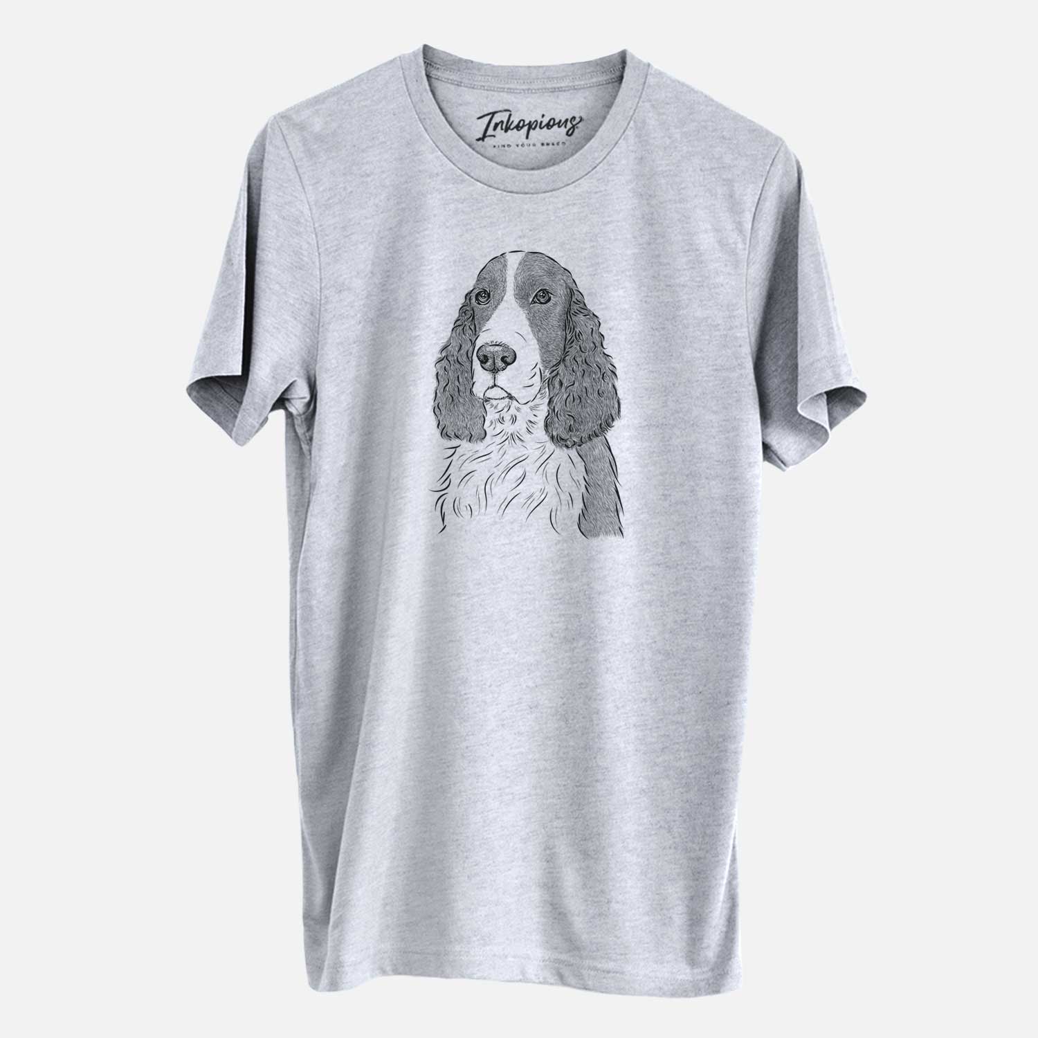 Hand-drawn sketch of Quincy the English Springer Spaniel on a Grey Unisex crewneck