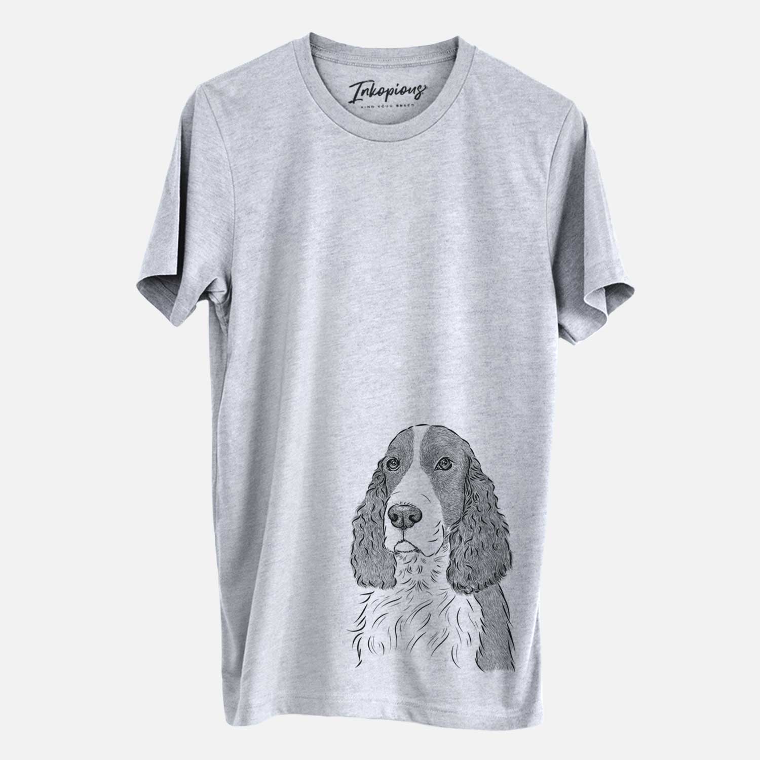 Hand-drawn sketch of Quincy the English Springer Spaniel on a Grey Unisex crewneck