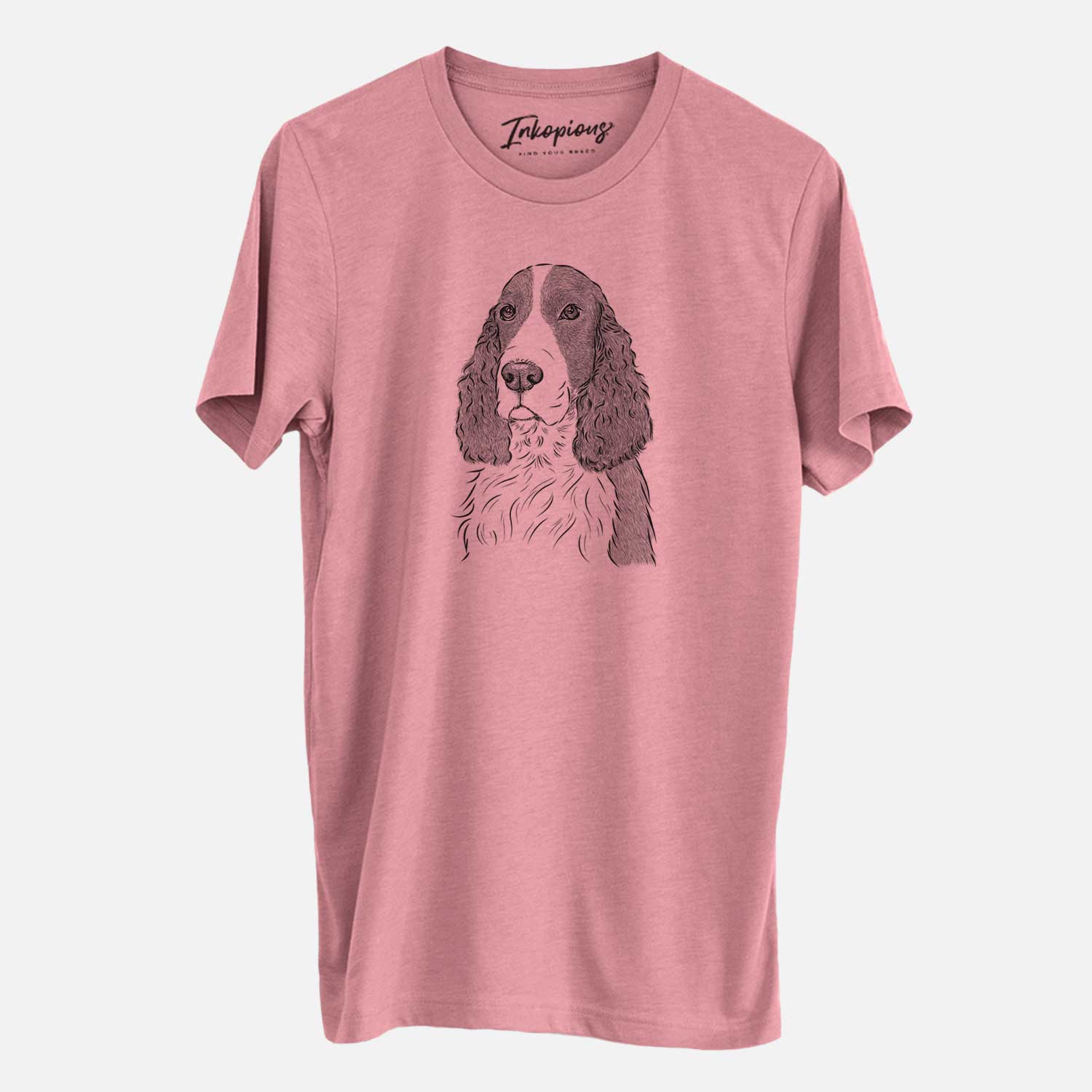 Hand-drawn sketch of Quincy the English Springer Spaniel on a Mauve Unisex crewneck