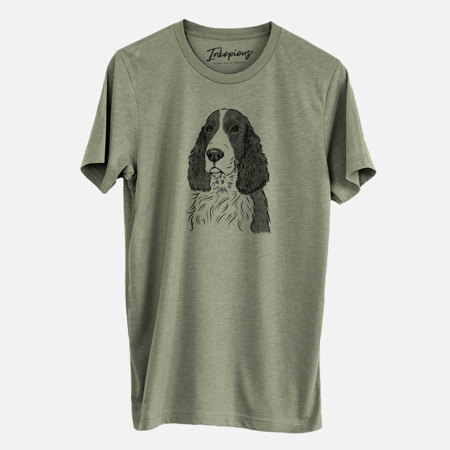 Hand-drawn sketch of Quincy the English Springer Spaniel on an Olive Unisex crewneck