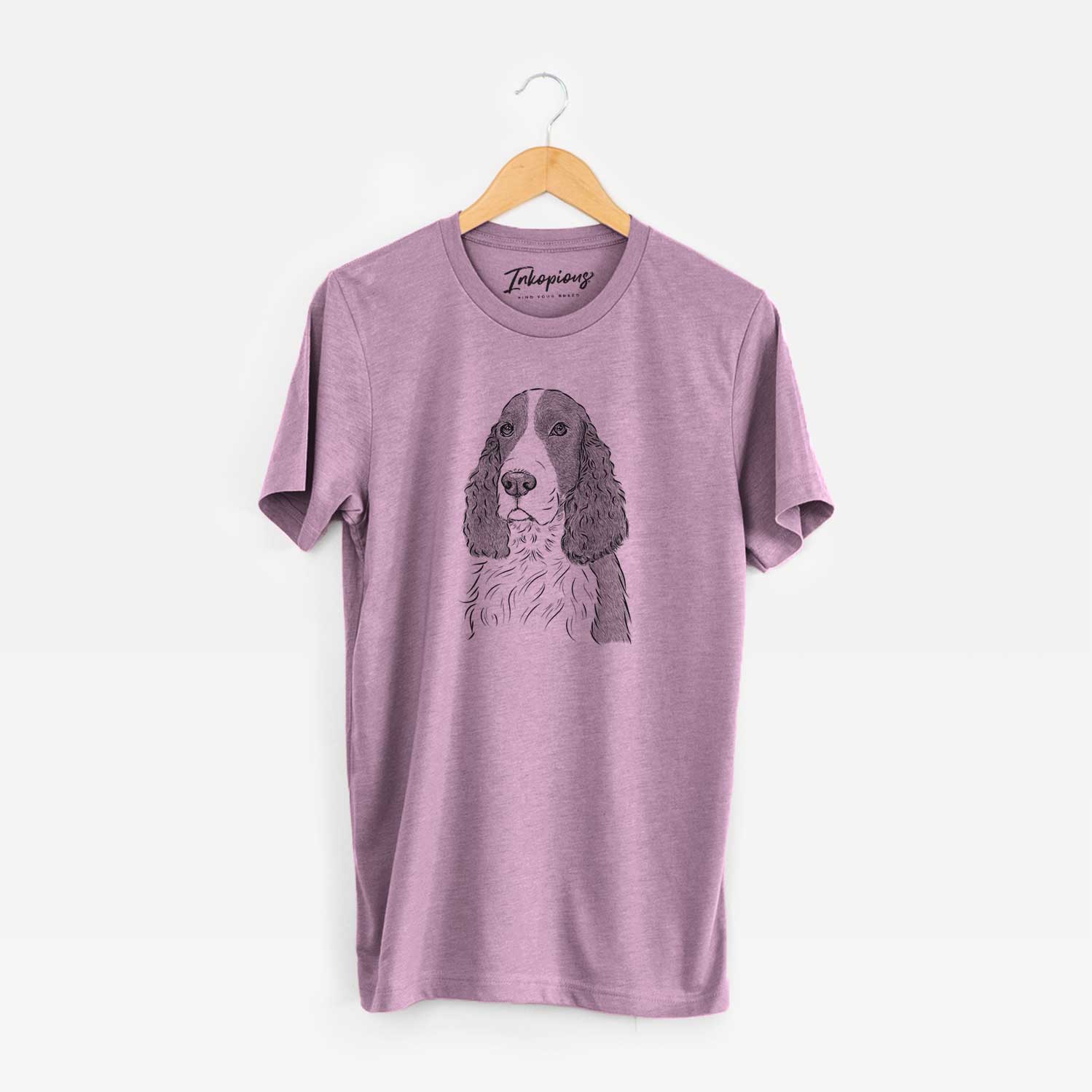 Hand-drawn sketch of Quincy the English Springer Spaniel on an Orchid Unisex crewneck