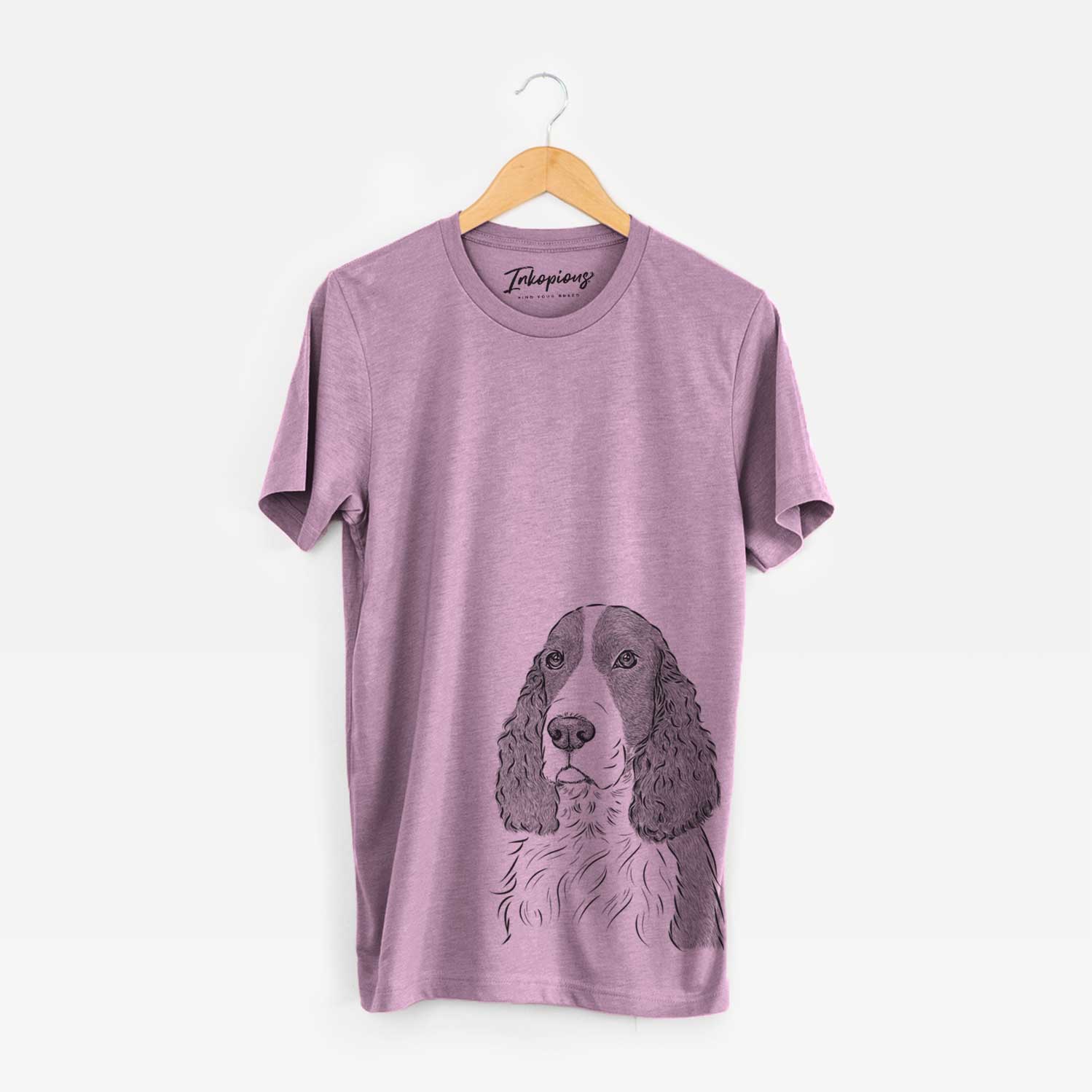 Hand-drawn sketch of Quincy the English Springer Spaniel on an Orchid Unisex crewneck