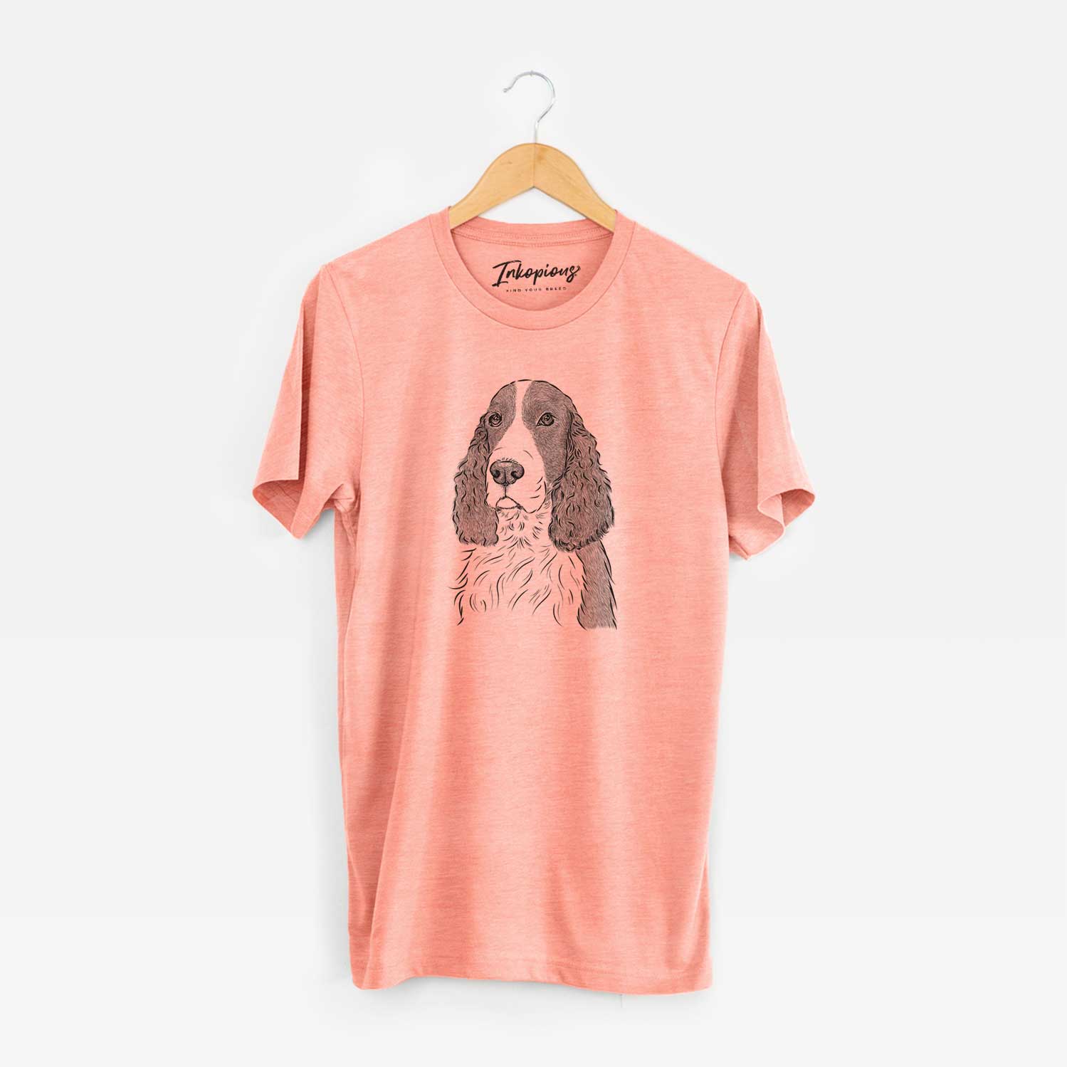 Hand-drawn sketch of Quincy the English Springer Spaniel on a Sunset Unisex crewneck