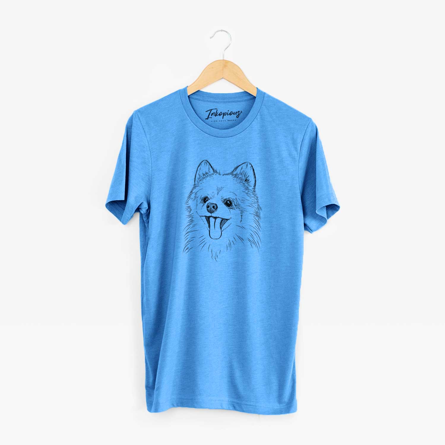 Hand-drawn sketch of Quinn the Pomeranian on a Blue Unisex crewneck