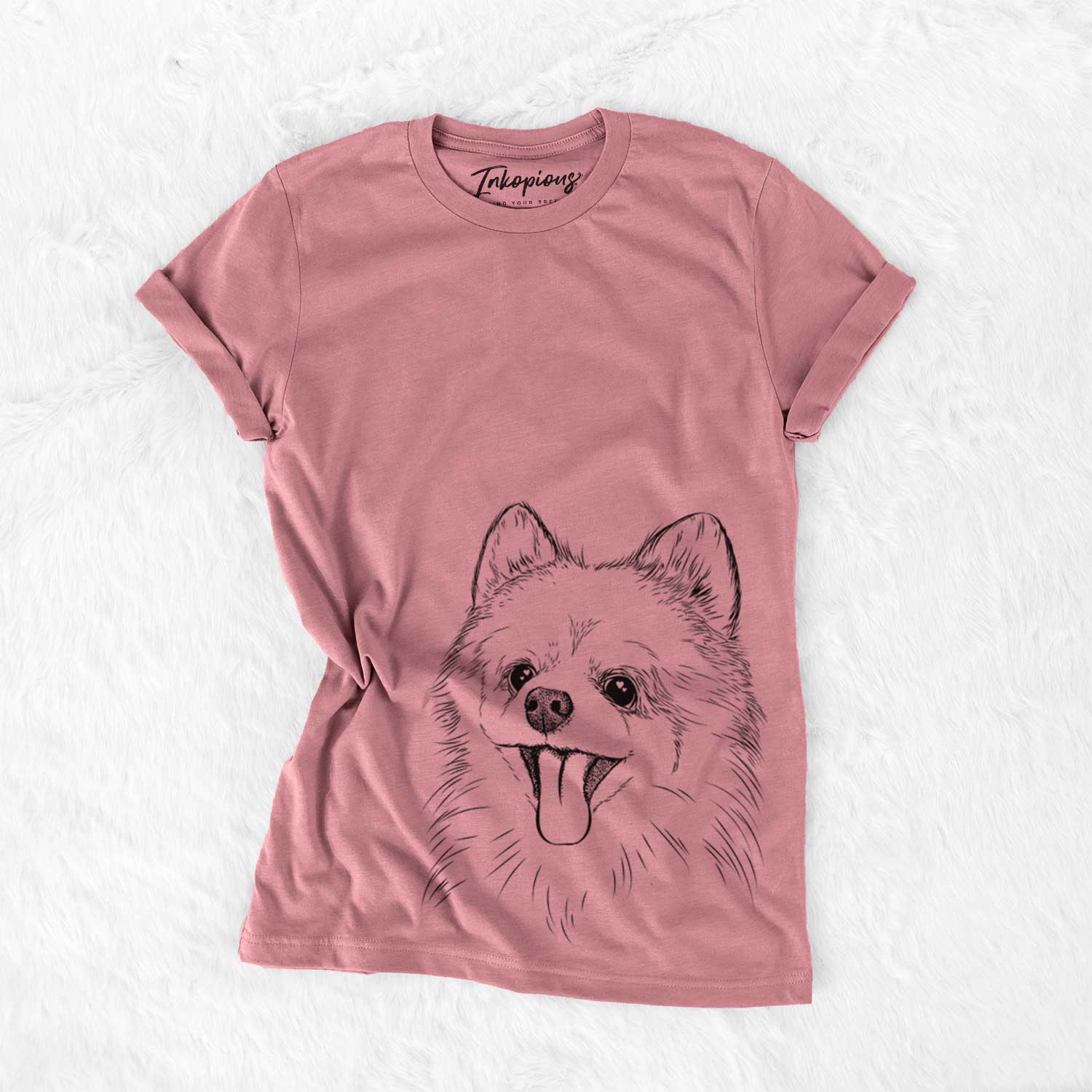 Hand-drawn sketch of Quinn the Pomeranian on a Mauve Unisex crewneck