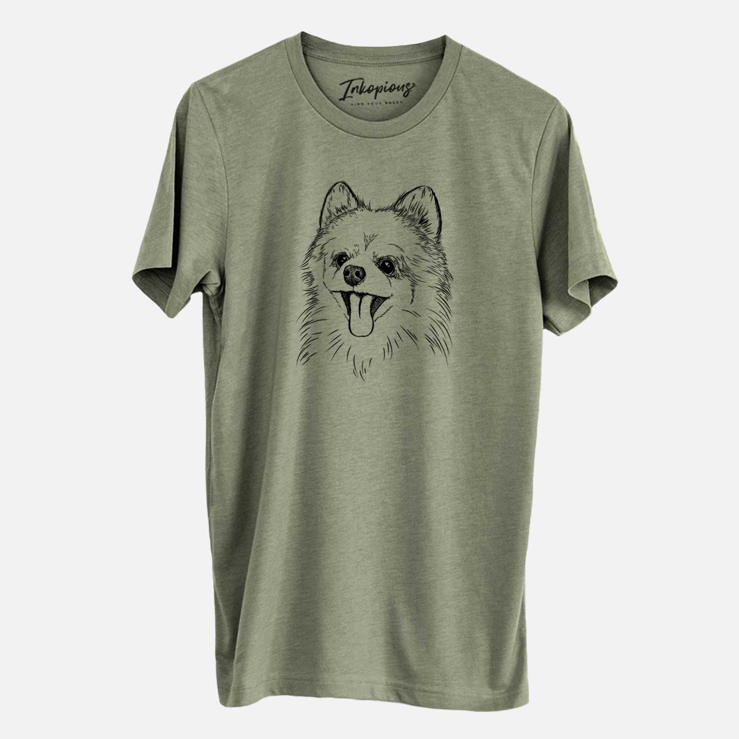 Hand-drawn sketch of Quinn the Pomeranian on an Olive Unisex crewneck
