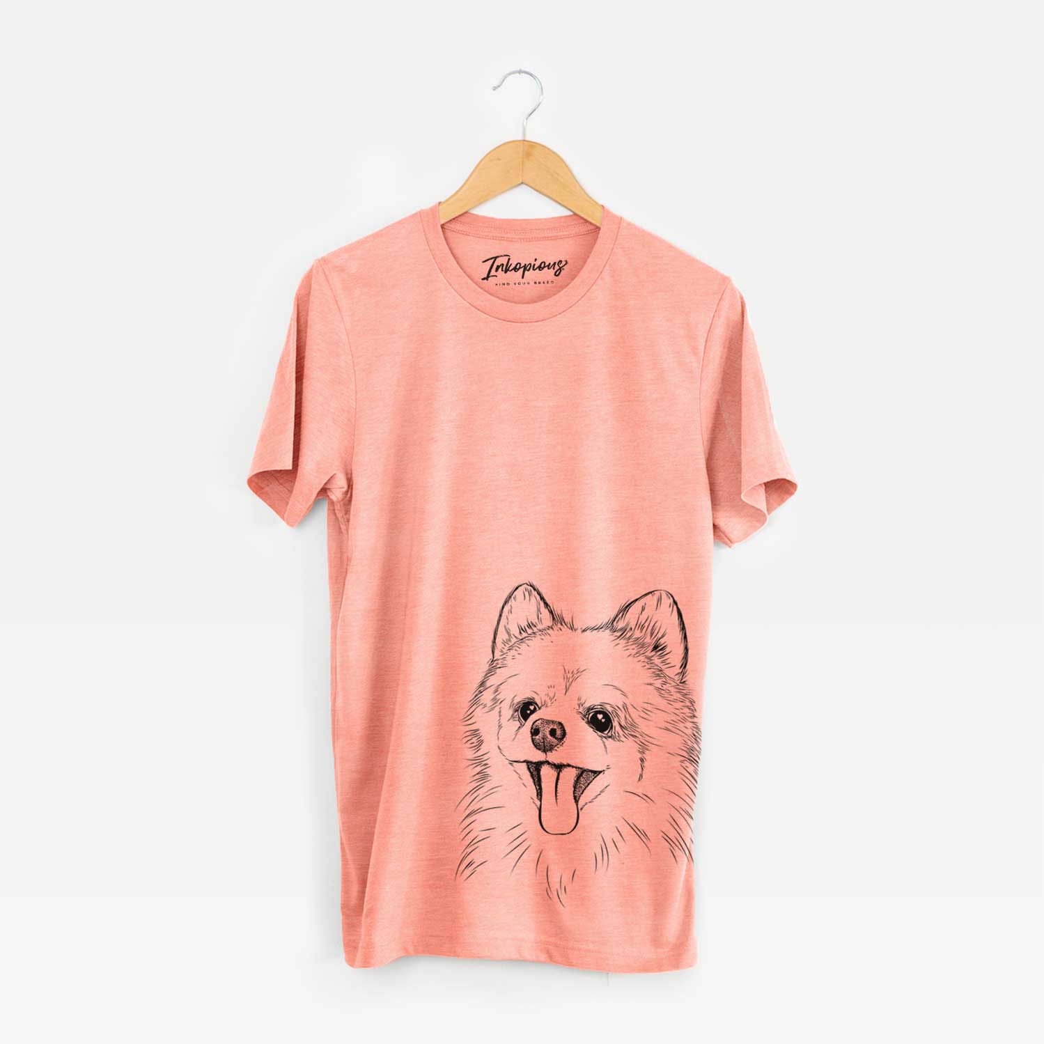 Hand-drawn sketch of Quinn the Pomeranian on a Sunset Unisex crewneck
