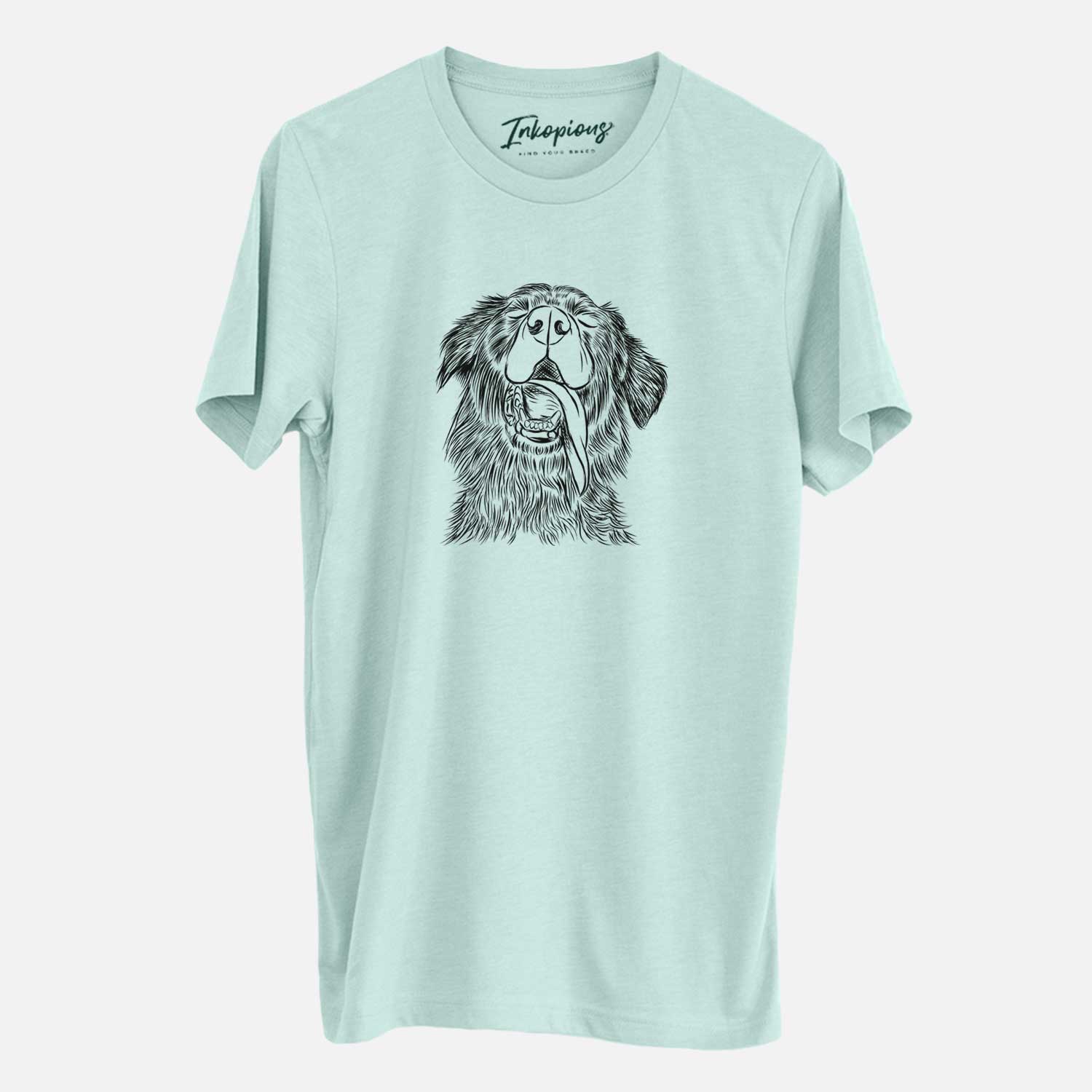Hand-drawn sketch of Quint the Mixed Breed on a Heather Sage Unisex crewneck