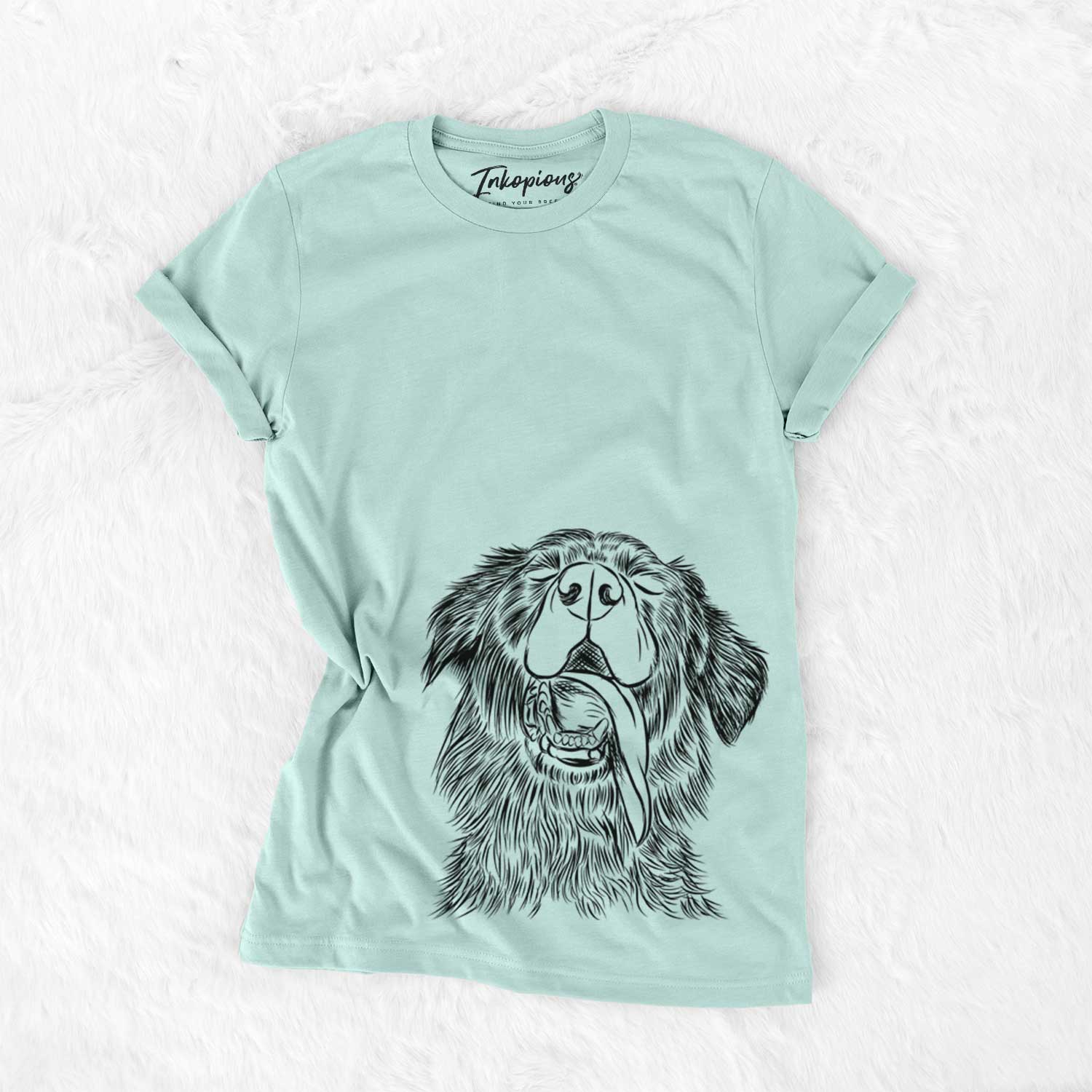 Hand-drawn sketch of Quint the Mixed Breed on a Heather Sage Unisex crewneck