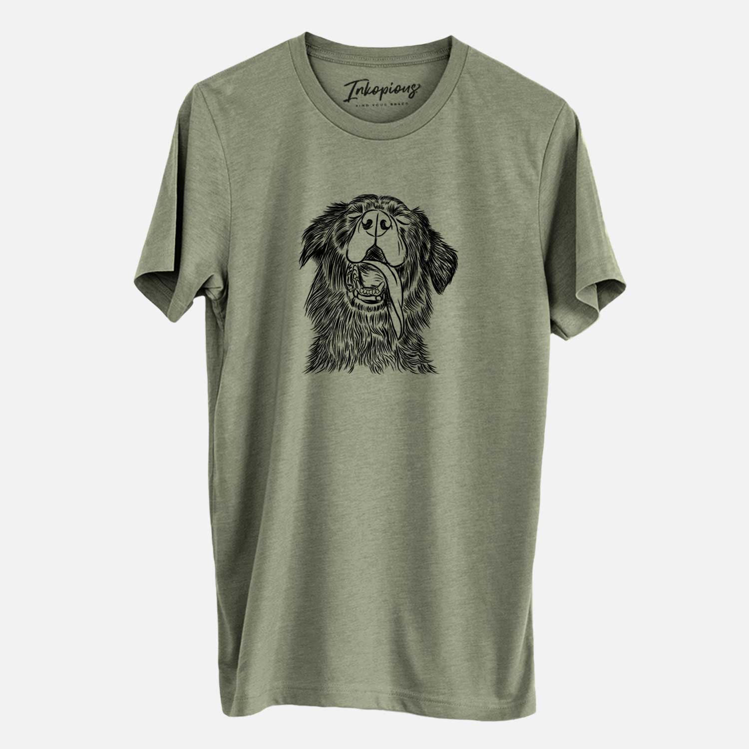Hand-drawn sketch of Quint the Mixed Breed on an Olive Unisex crewneck