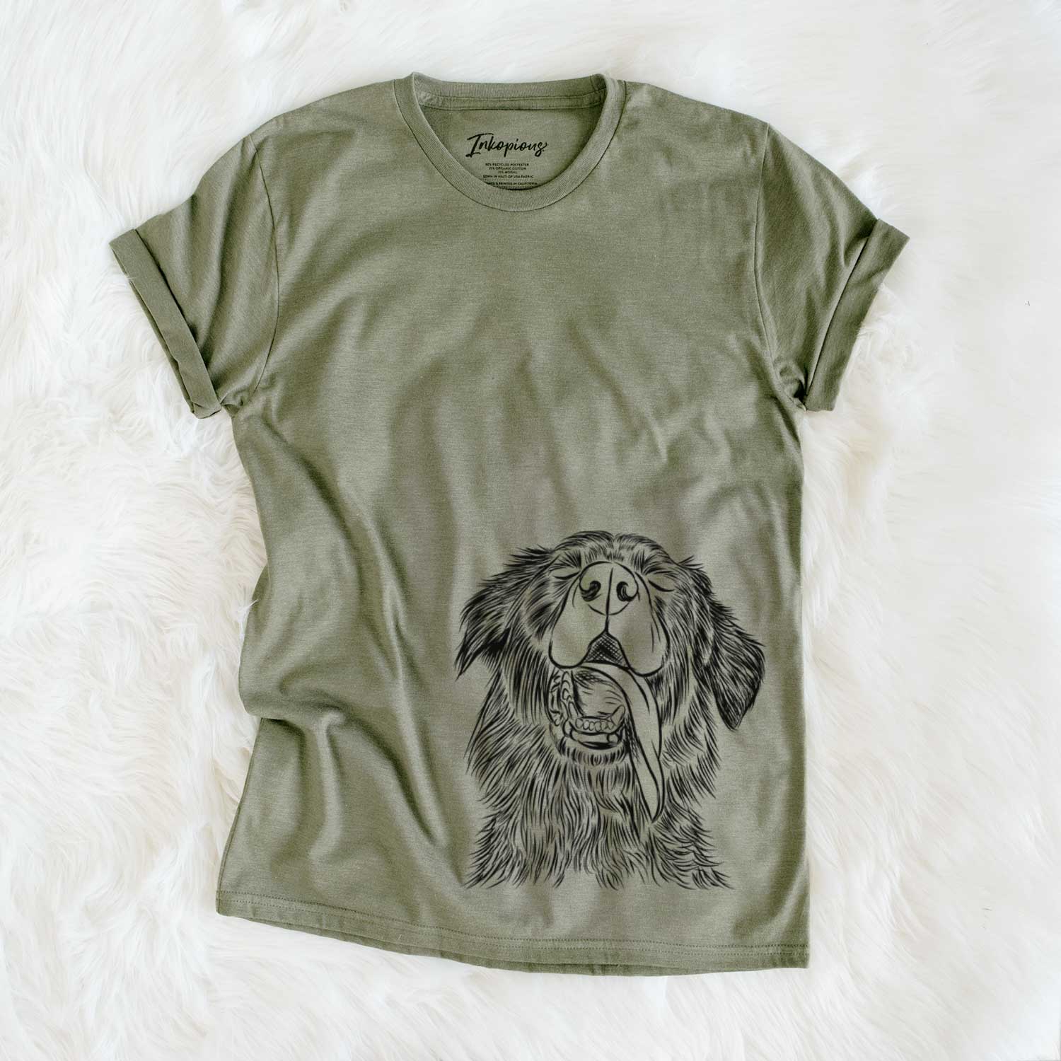 Hand-drawn sketch of Quint the Mixed Breed on an Olive Unisex crewneck