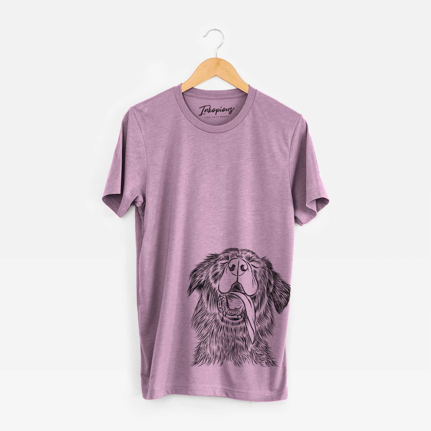 Hand-drawn sketch of Quint the Mixed Breed on an Orchid Unisex crewneck