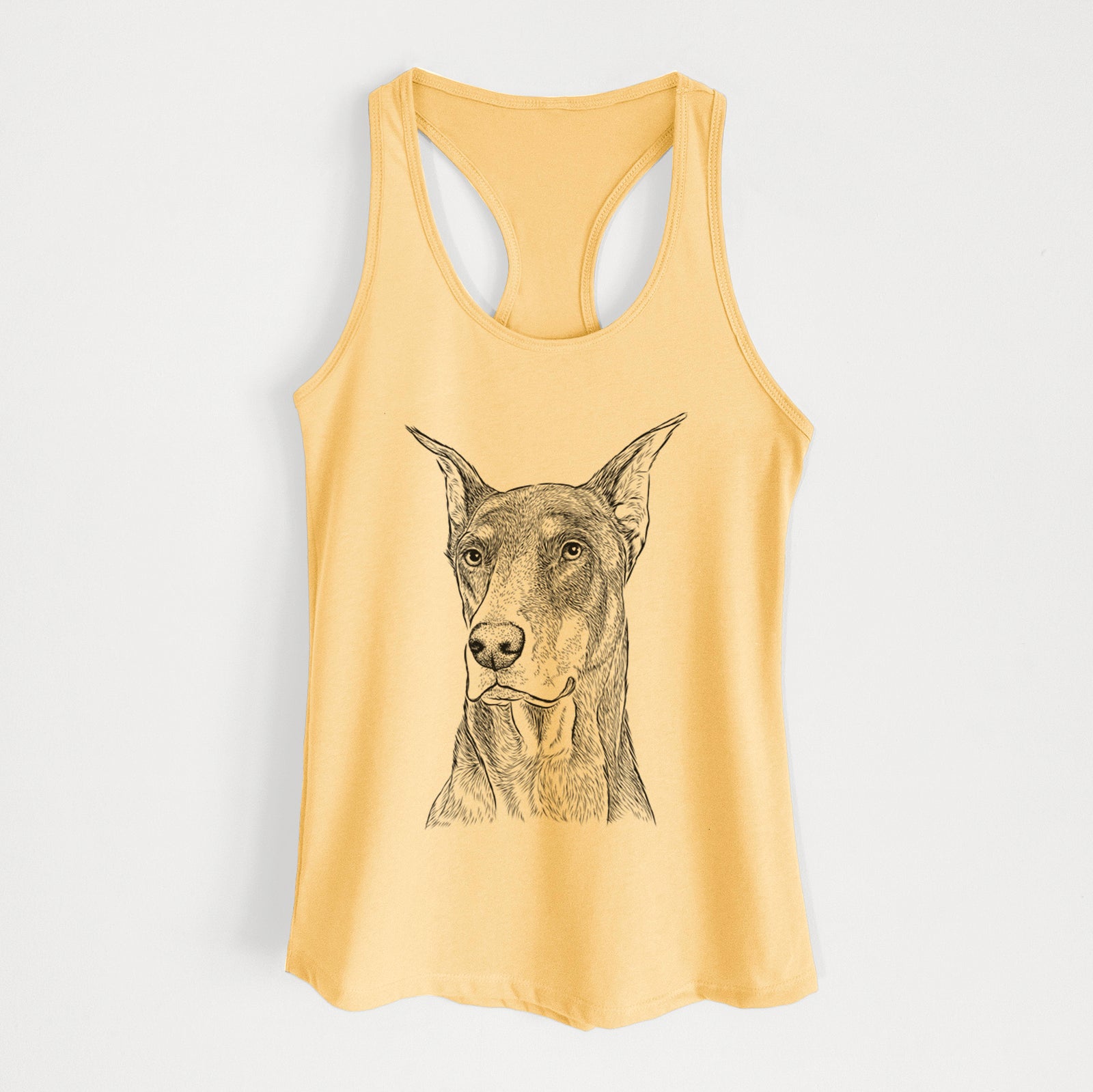 Hand-drawn sketch of RJ the Doberman Pinscher on a Banana Cream Women's racerback tanktop