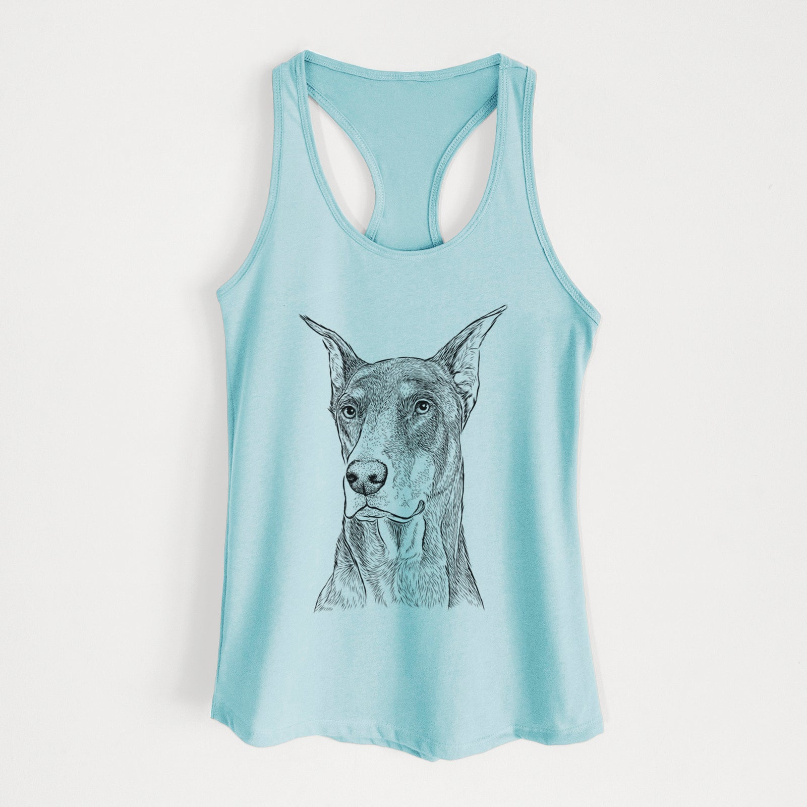 Hand-drawn sketch of RJ the Doberman Pinscher on a Cancun Blue Women's racerback tanktop
