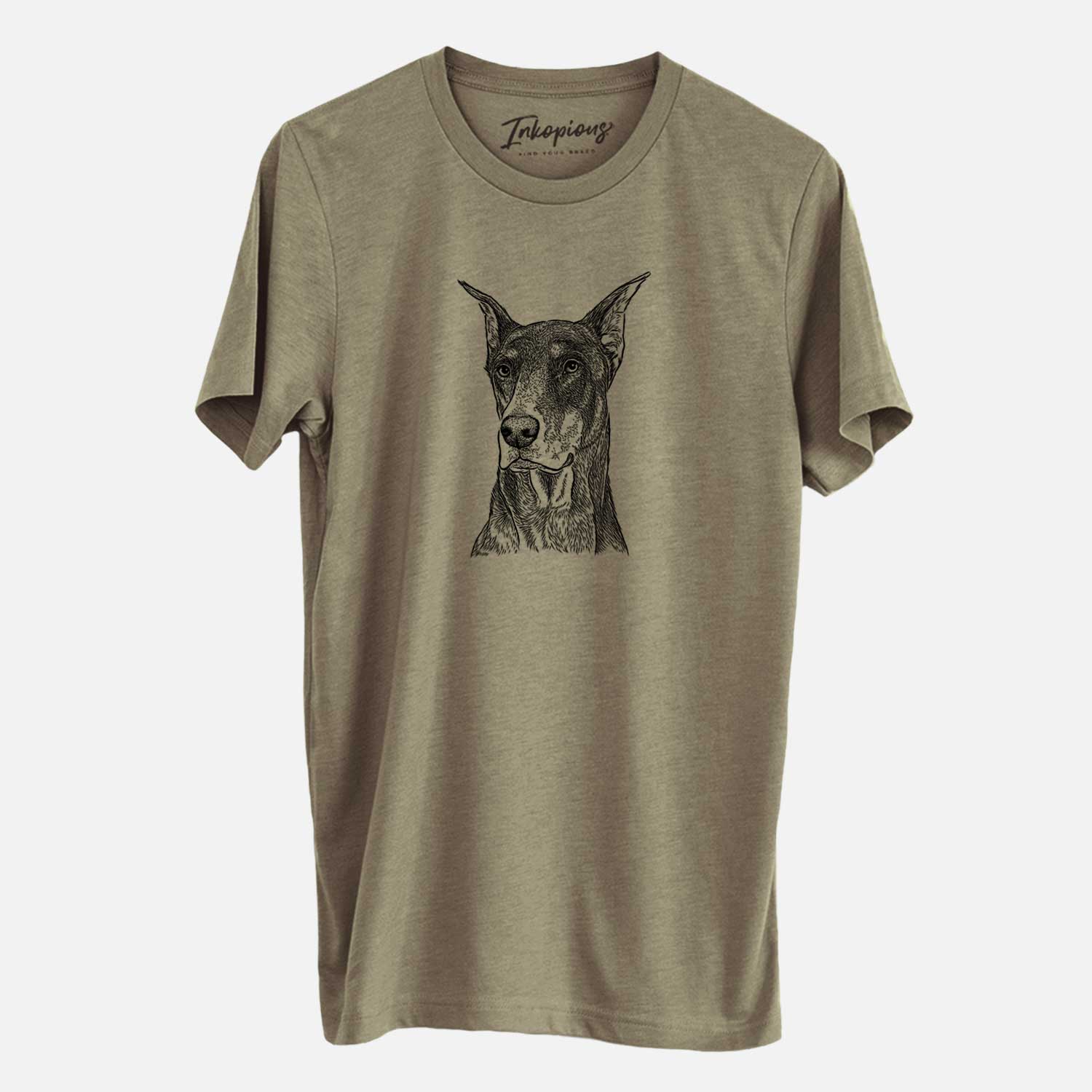Hand-drawn sketch of RJ the Doberman Pinscher on an Olive Unisex crewneck