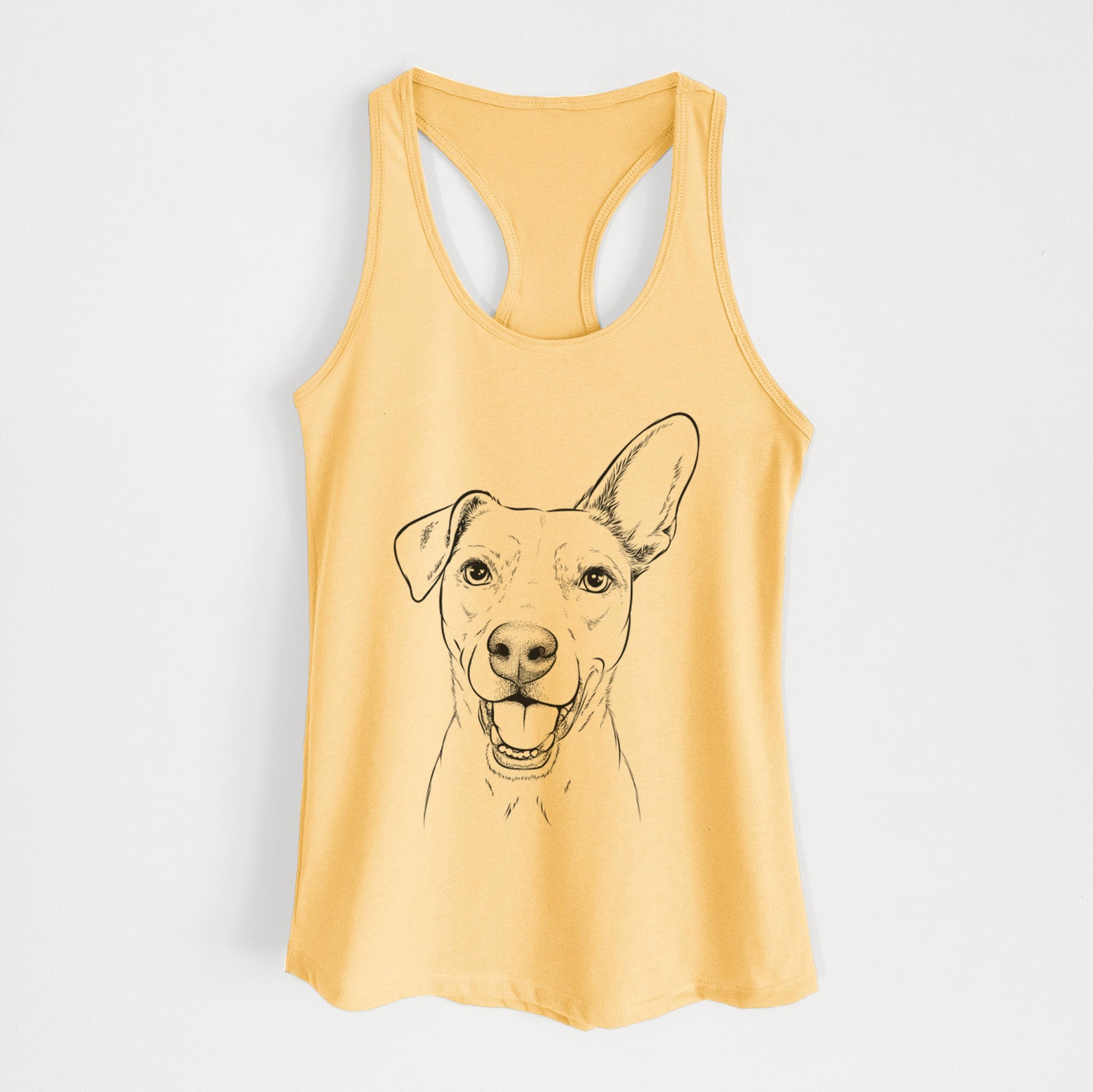 Hand-drawn sketch of Radar the Pitbull Mix on a Banana Cream Women's racerback tanktop