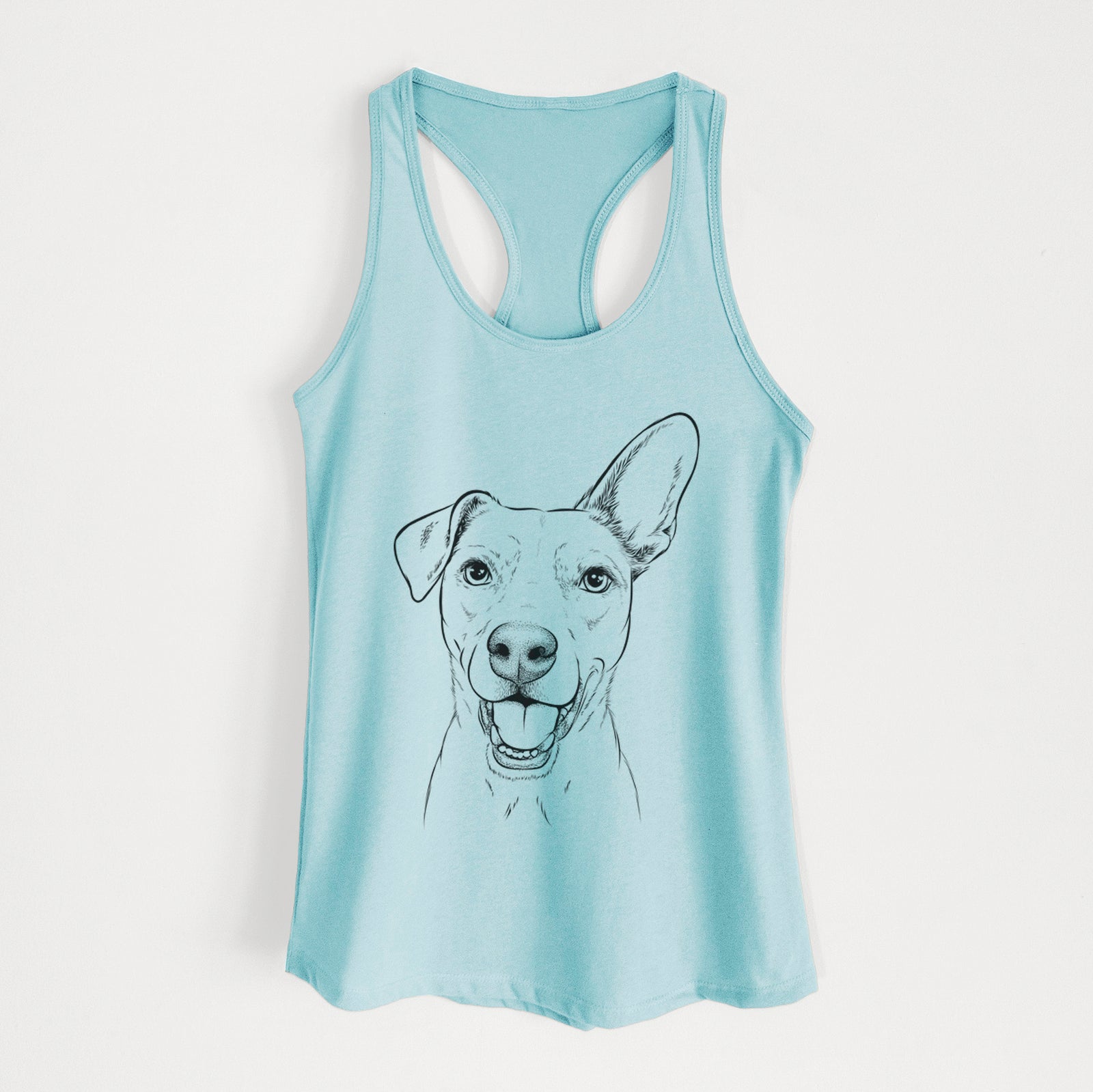 Hand-drawn sketch of Radar the Pitbull Mix on a Cancun Blue Women's racerback tanktop