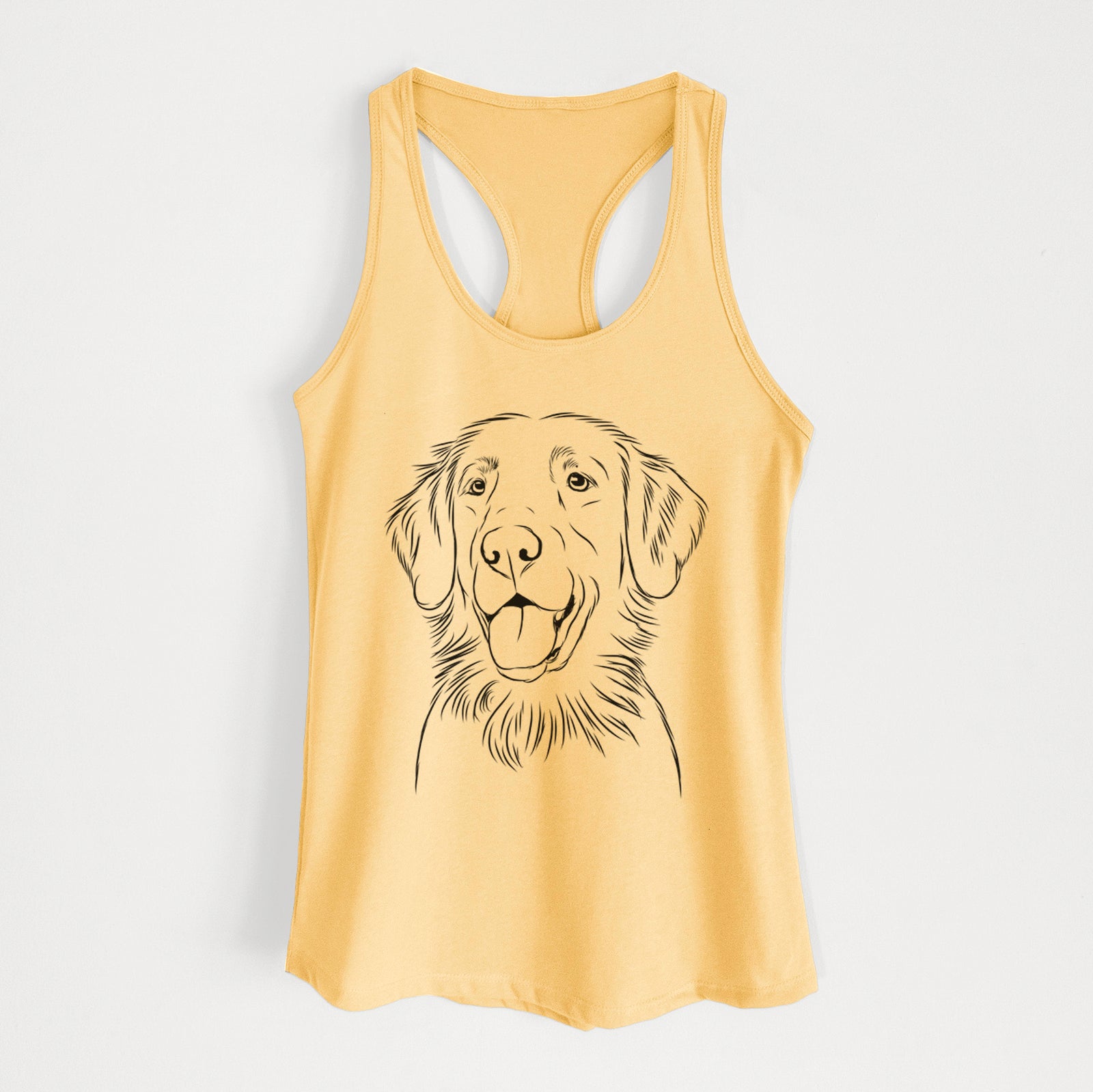 Hand-drawn sketch of Raisin the Flat Coated Retriever on a Banana Cream Women's racerback tanktop