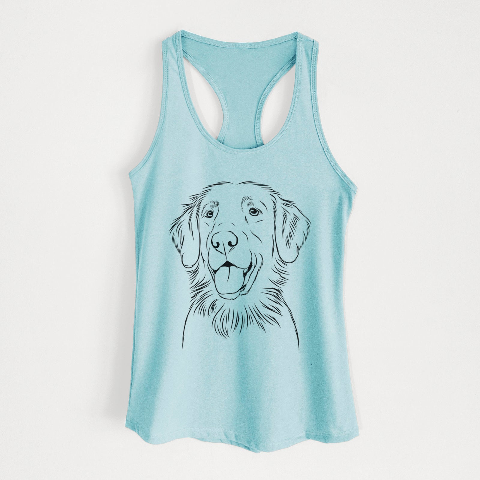 Hand-drawn sketch of Raisin the Flat Coated Retriever on a Cancun Blue Women's racerback tanktop
