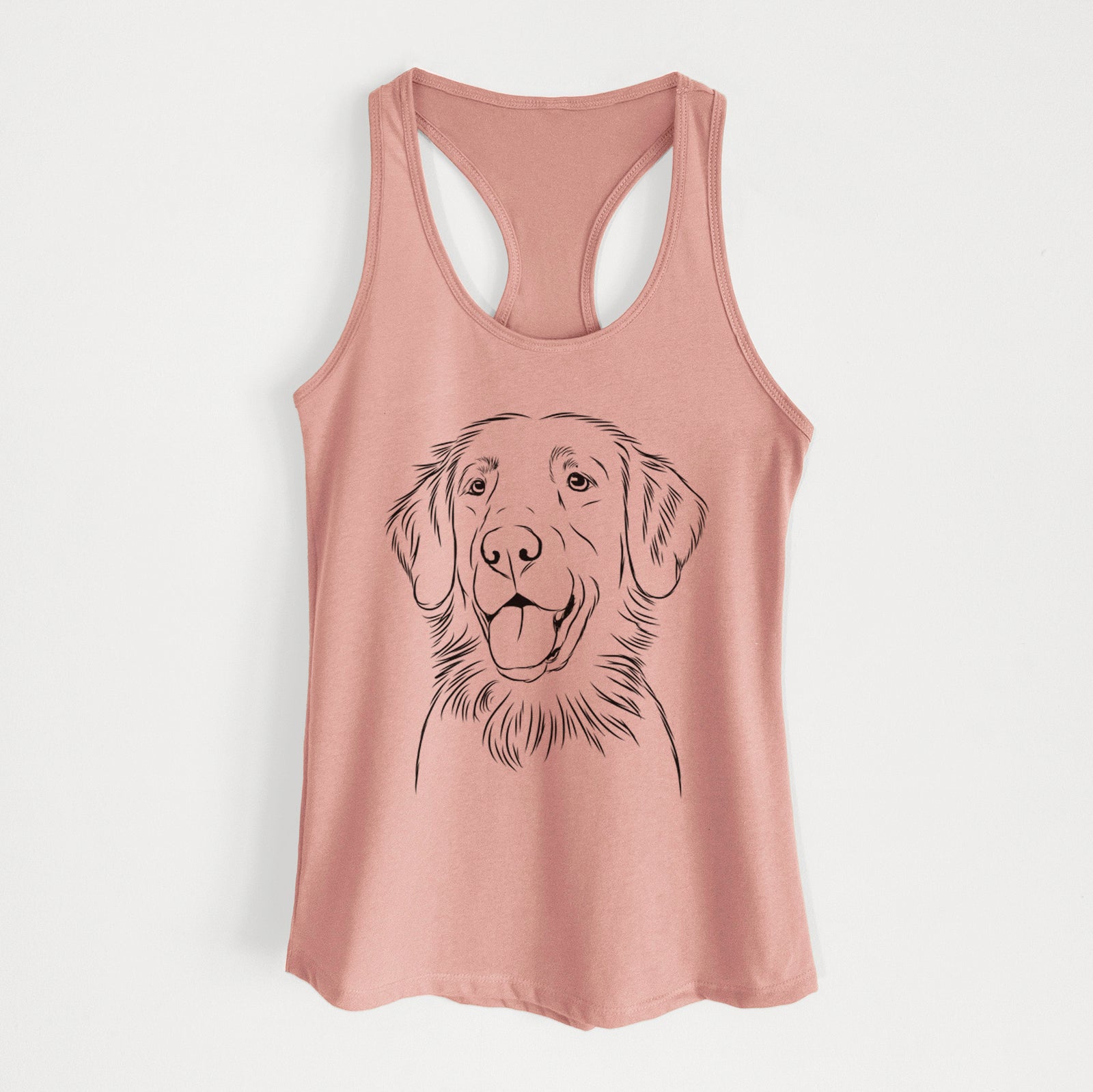 Hand-drawn sketch of Raisin the Flat Coated Retriever on a Desert Pink Women's racerback tanktop
