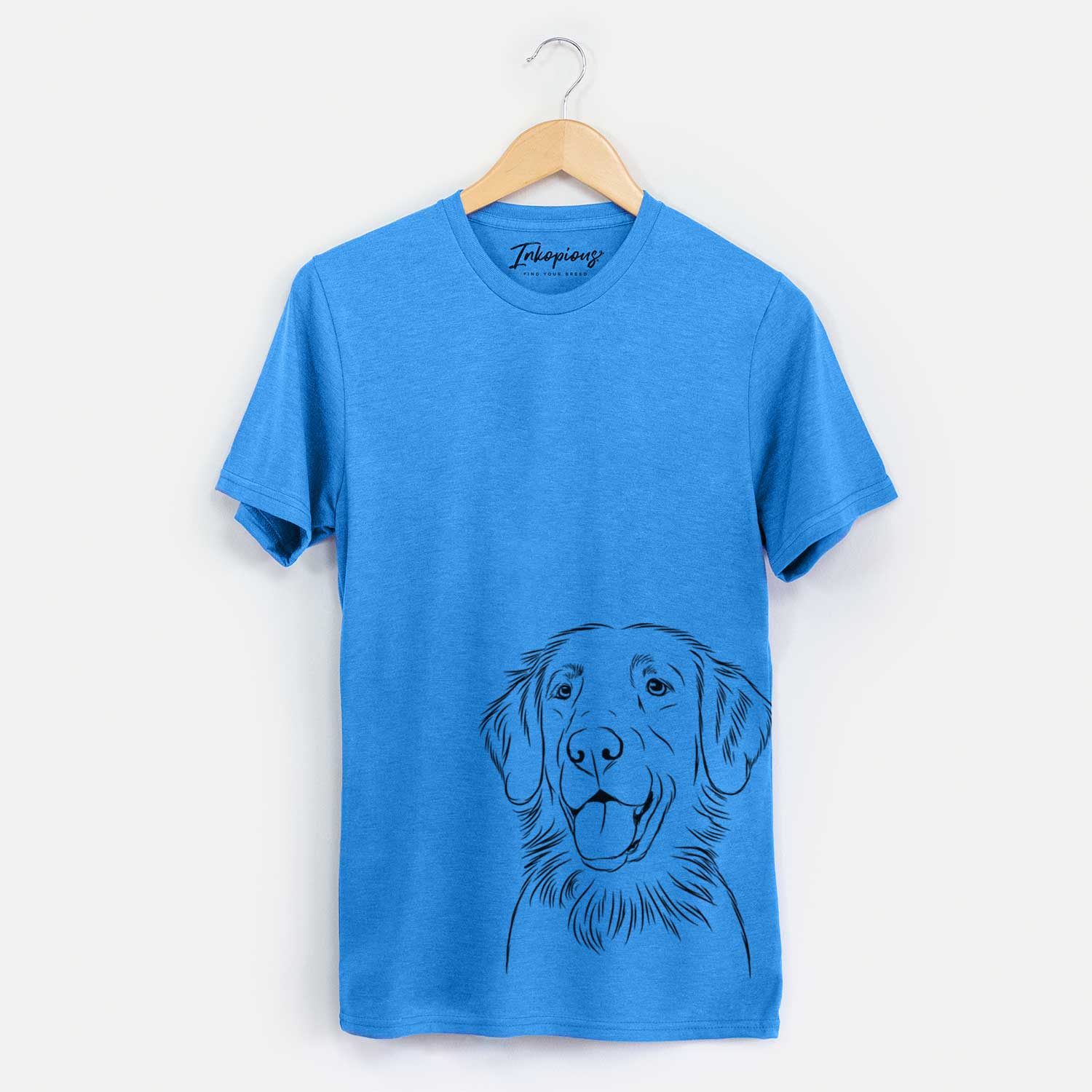 Hand-drawn sketch of Raisin the Flat Coated Retriever on a Blue Unisex crewneck