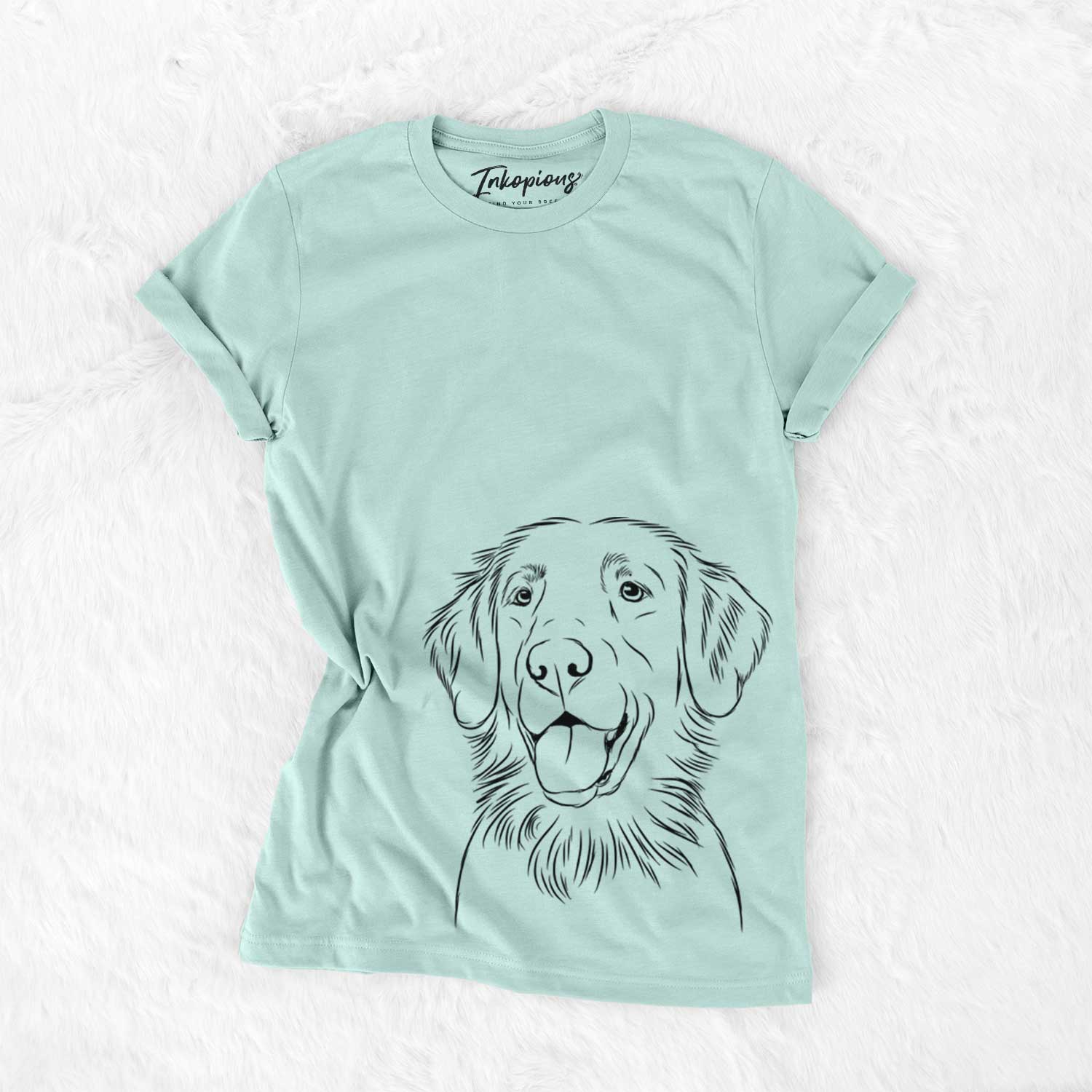 Hand-drawn sketch of Raisin the Flat Coated Retriever on a Heather Sage Unisex crewneck