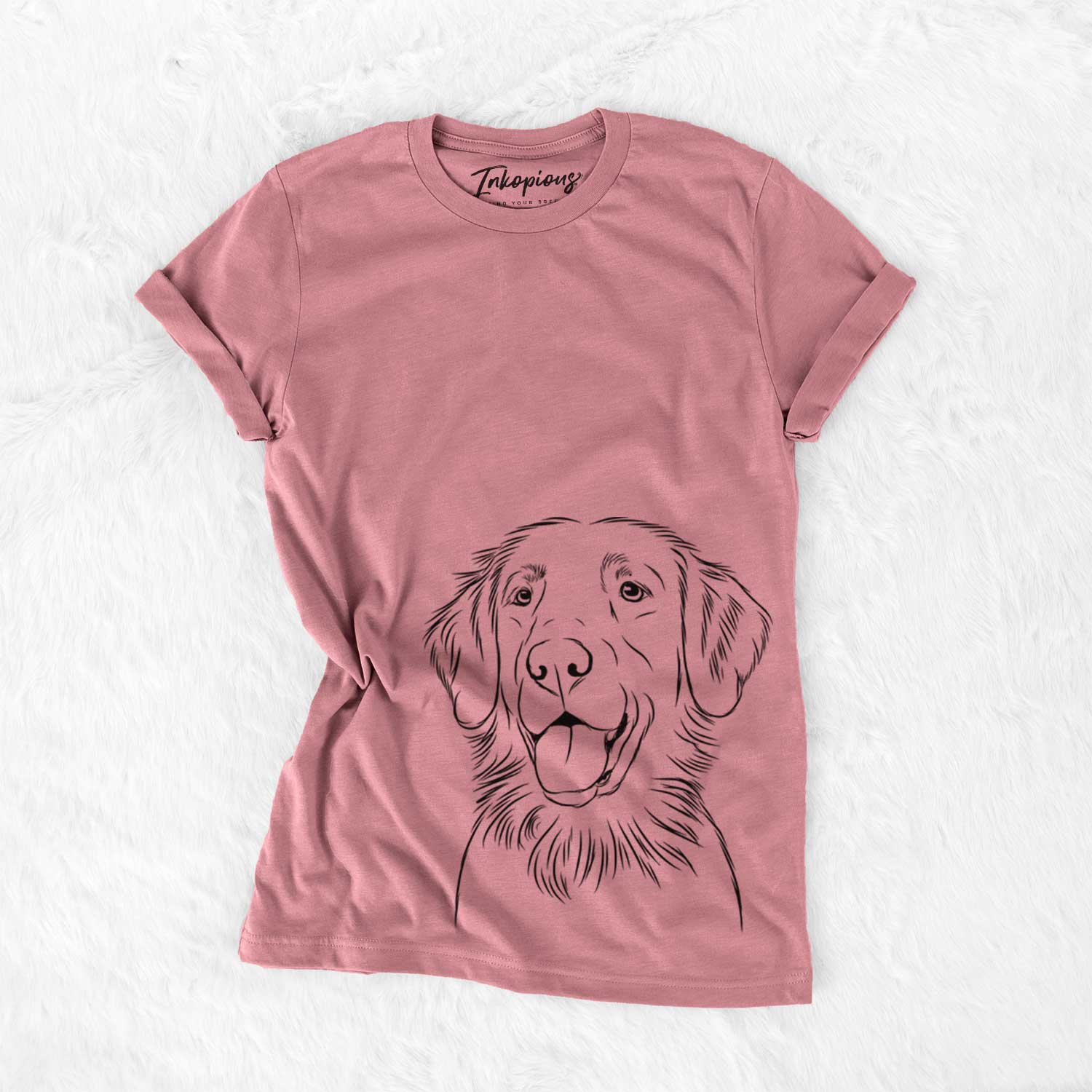 Hand-drawn sketch of Raisin the Flat Coated Retriever on a Mauve Unisex crewneck