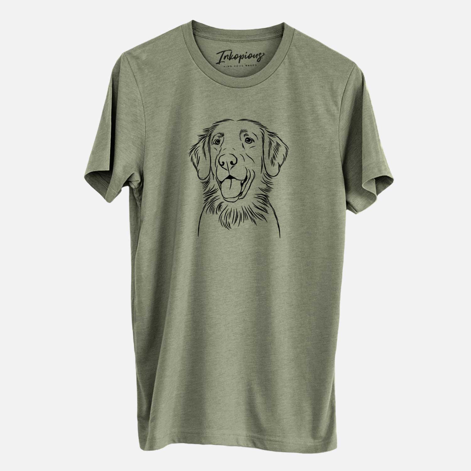 Hand-drawn sketch of Raisin the Flat Coated Retriever on an Olive Unisex crewneck