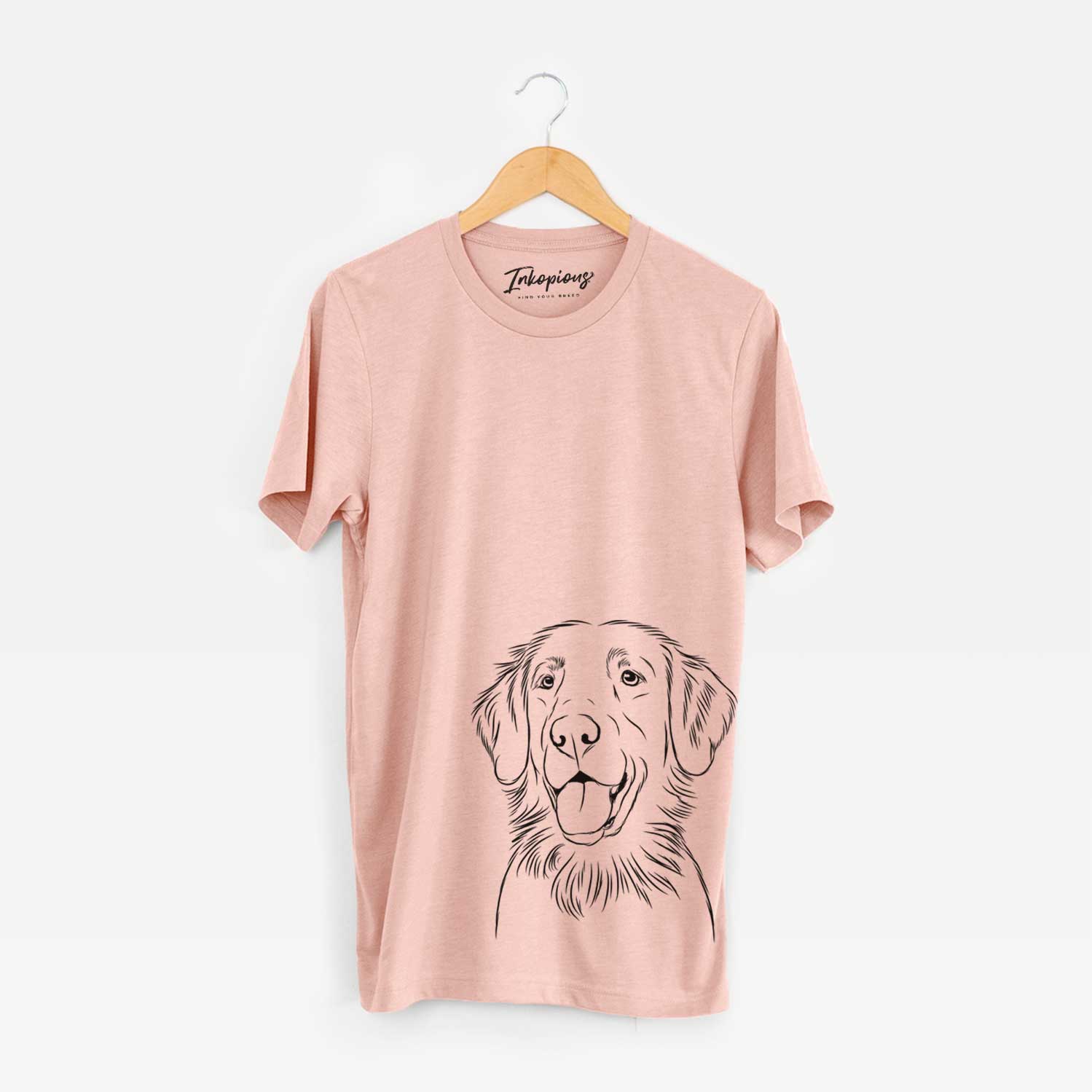 Hand-drawn sketch of Raisin the Flat Coated Retriever on a Peach Unisex crewneck