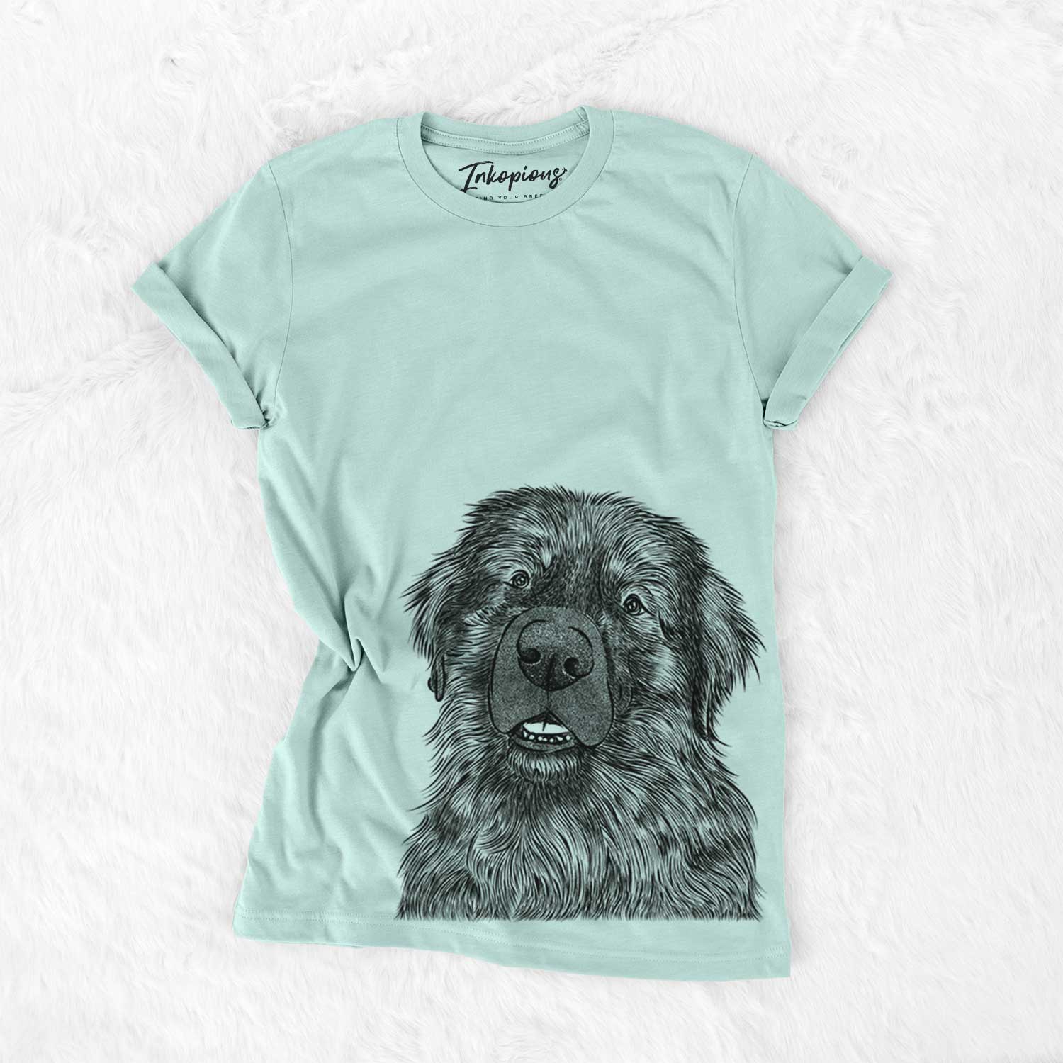 Hand-drawn sketch of Ralph the Leonberger on a Heather Sage Bella Canvas Unisex Crewneck