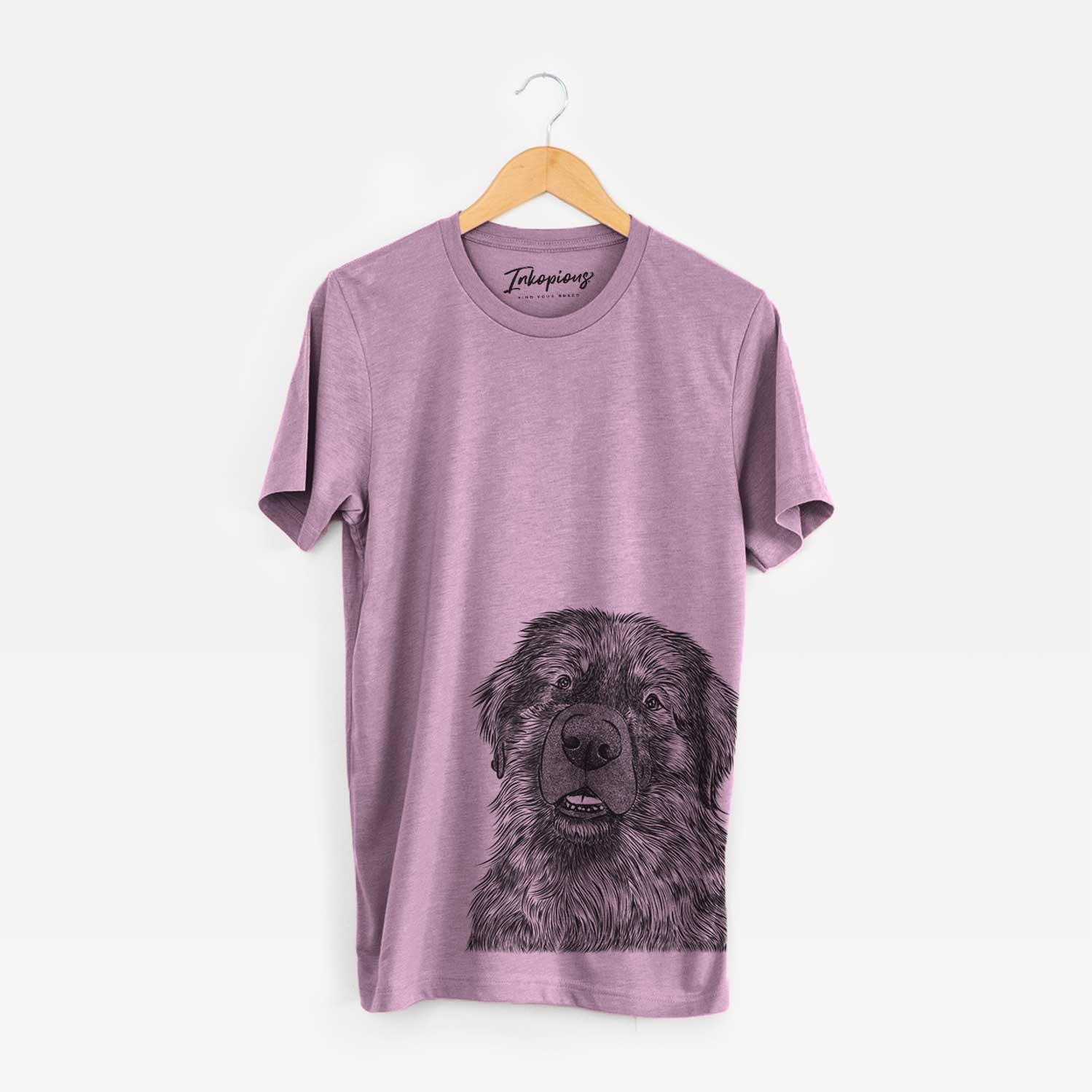 Hand-drawn sketch of Ralph the Leonberger on an Orchid Bella Canvas Unisex Crewneck