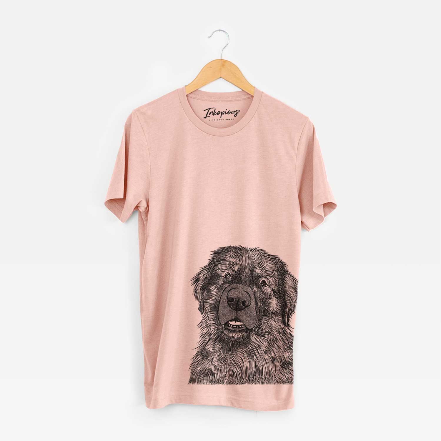 Hand-drawn sketch of Ralph the Leonberger on a Peach Bella Canvas Unisex Crewneck