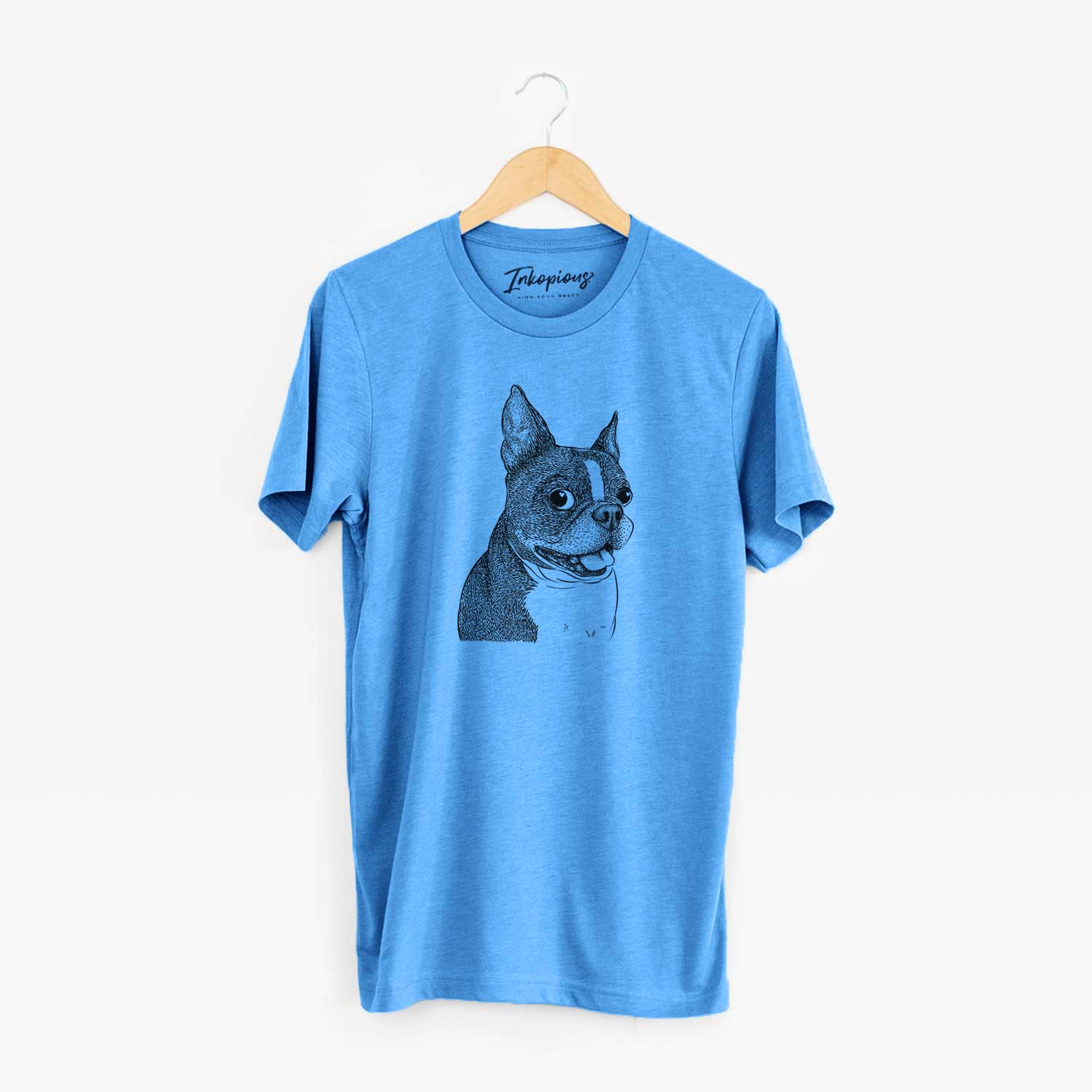 Hand-drawn sketch of Ralphie the Boston Terrier on a Blue Unisex crewneck