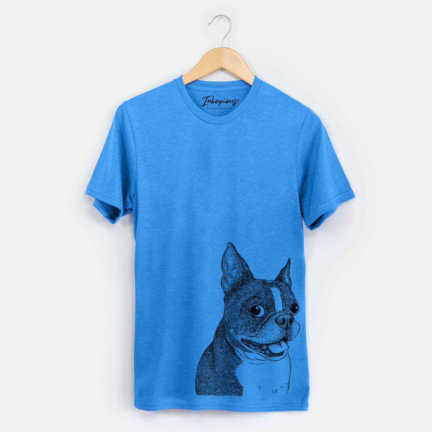 Hand-drawn sketch of Ralphie the Boston Terrier on a Blue Unisex crewneck
