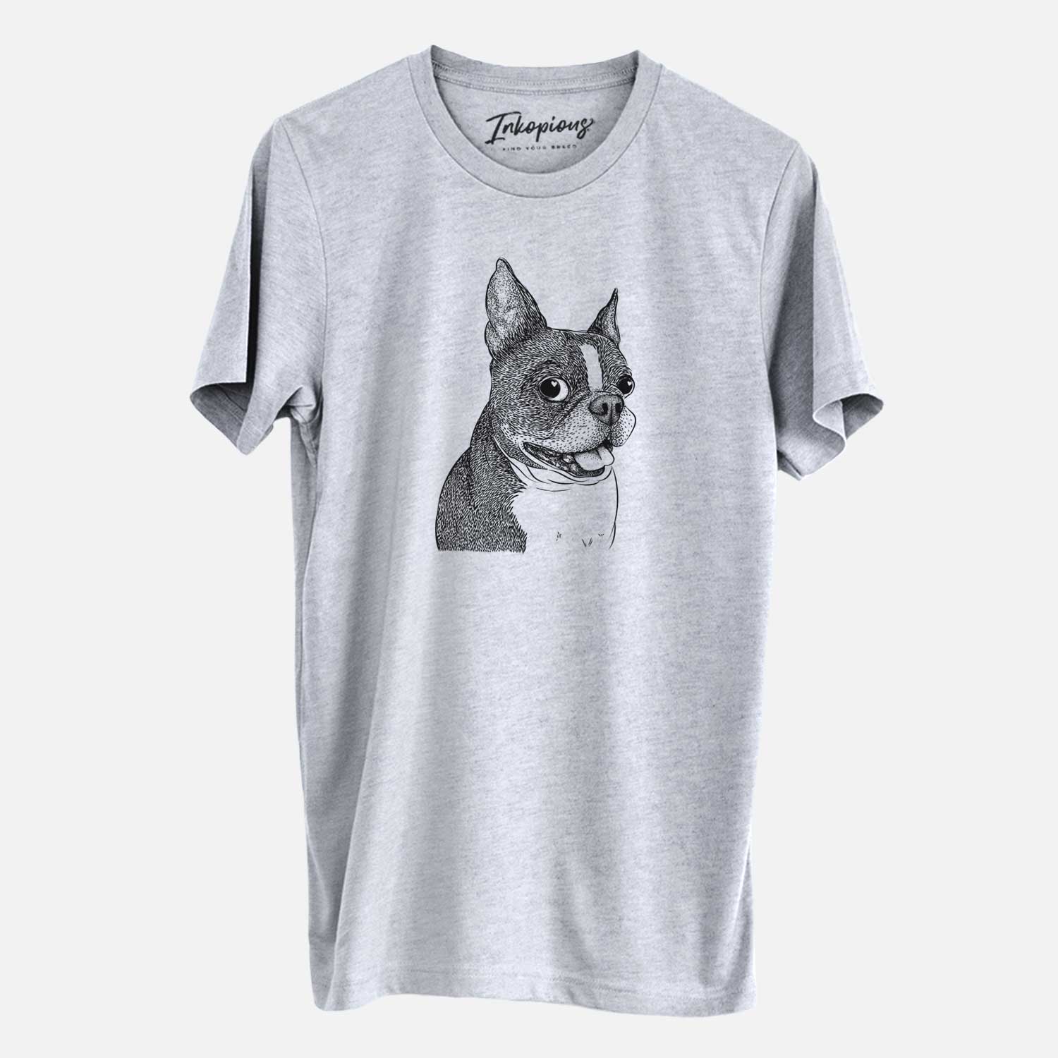 Hand-drawn sketch of Ralphie the Boston Terrier on a Grey Unisex crewneck