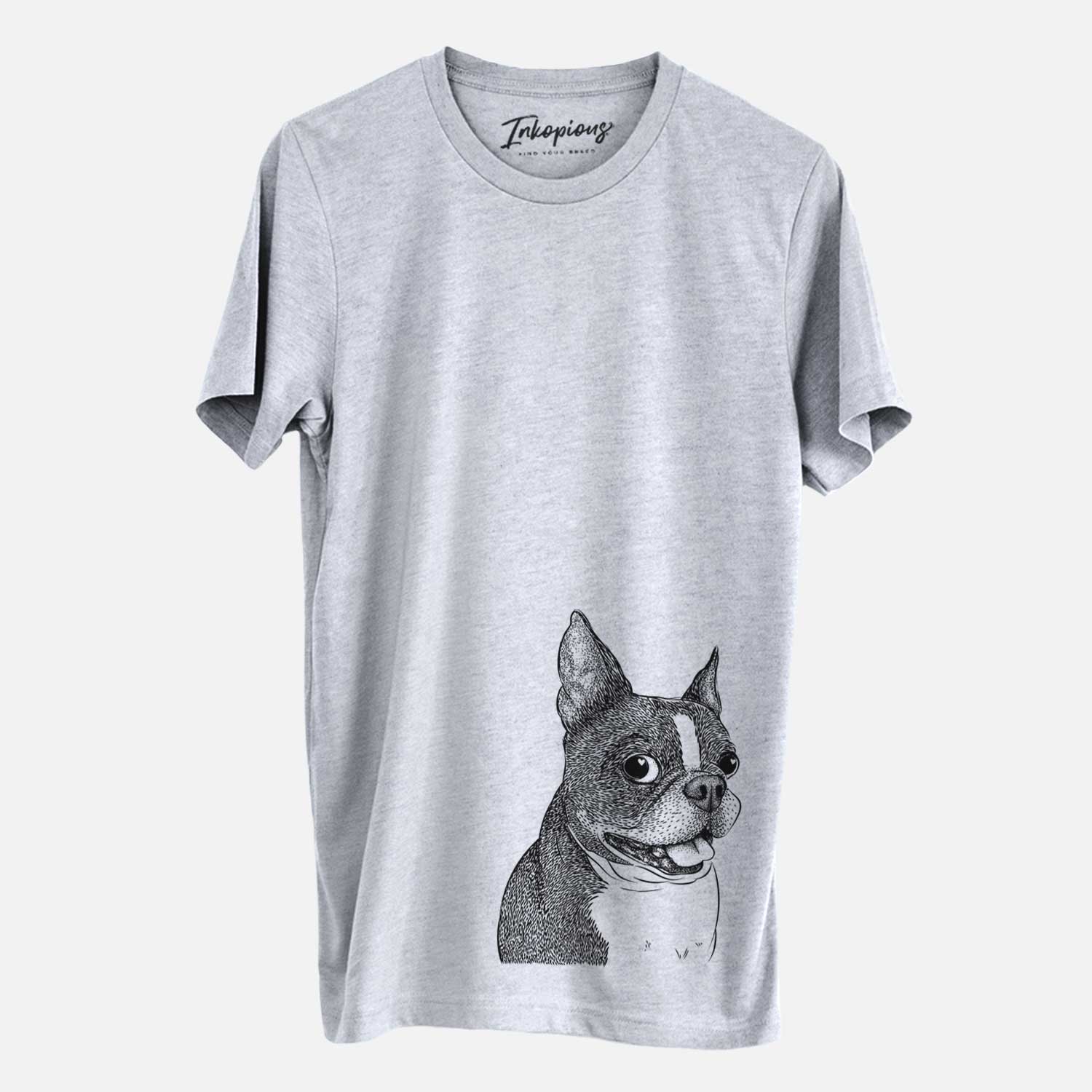 Hand-drawn sketch of Ralphie the Boston Terrier on a Grey Unisex crewneck