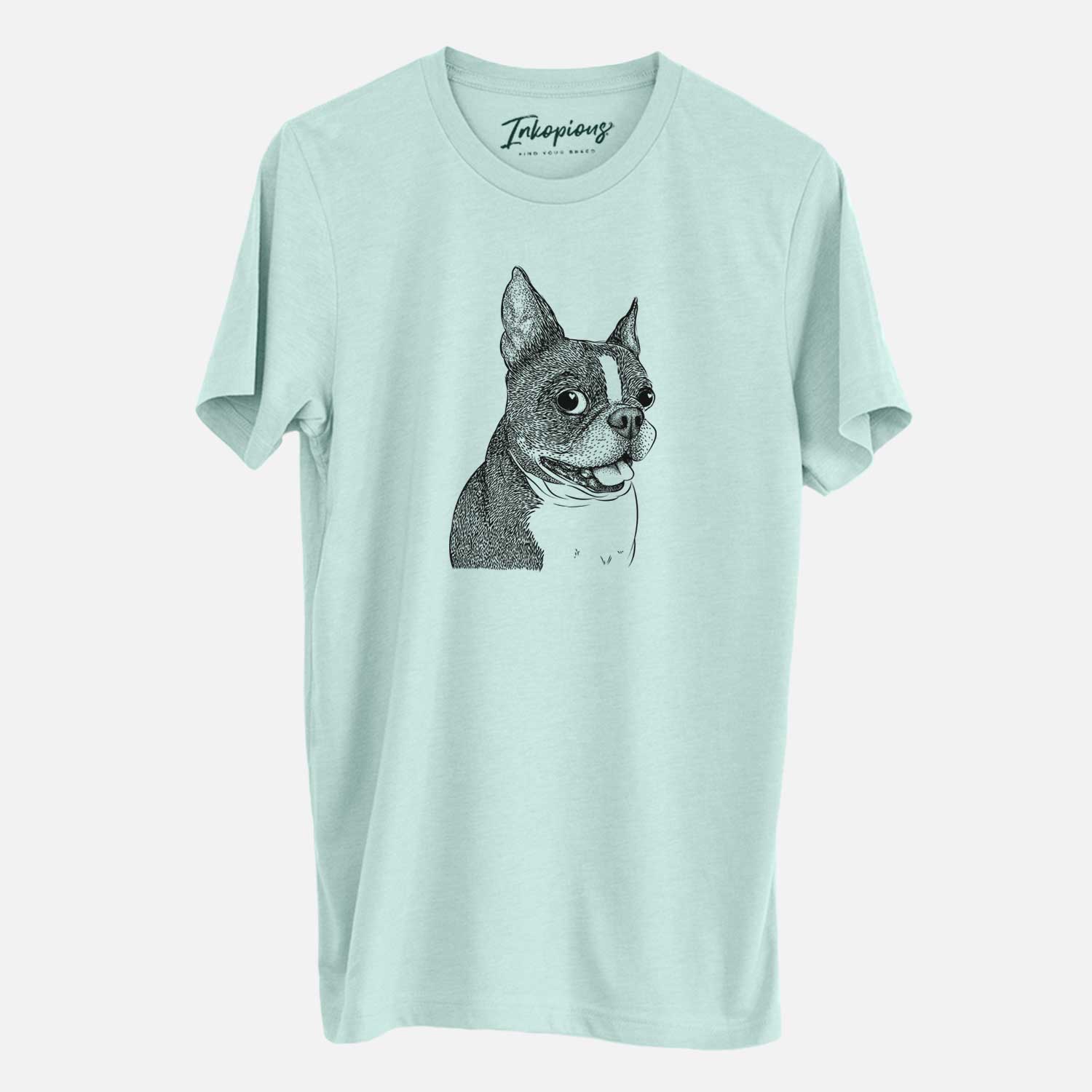 Hand-drawn sketch of Ralphie the Boston Terrier on a Heather Sage Unisex crewneck