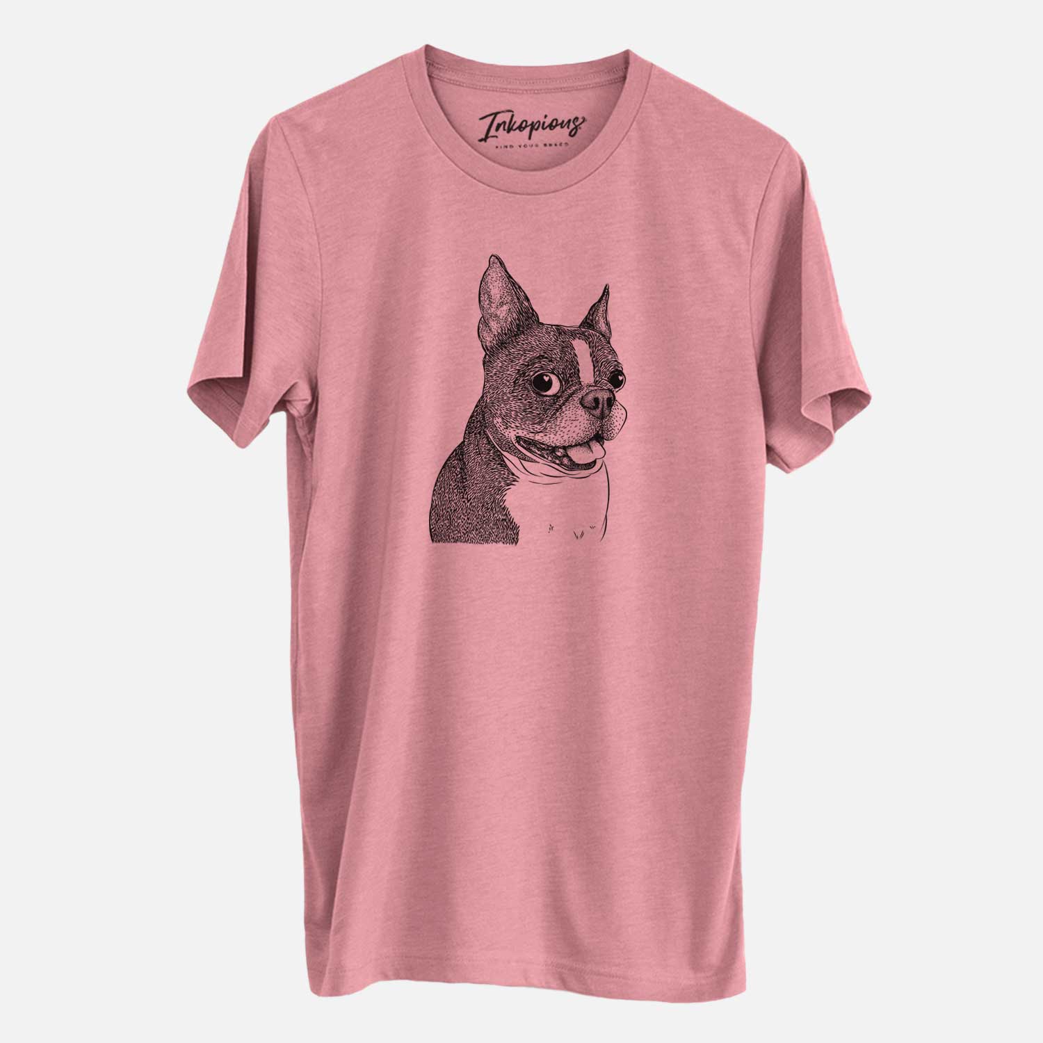 Hand-drawn sketch of Ralphie the Boston Terrier on a Mauve Unisex crewneck