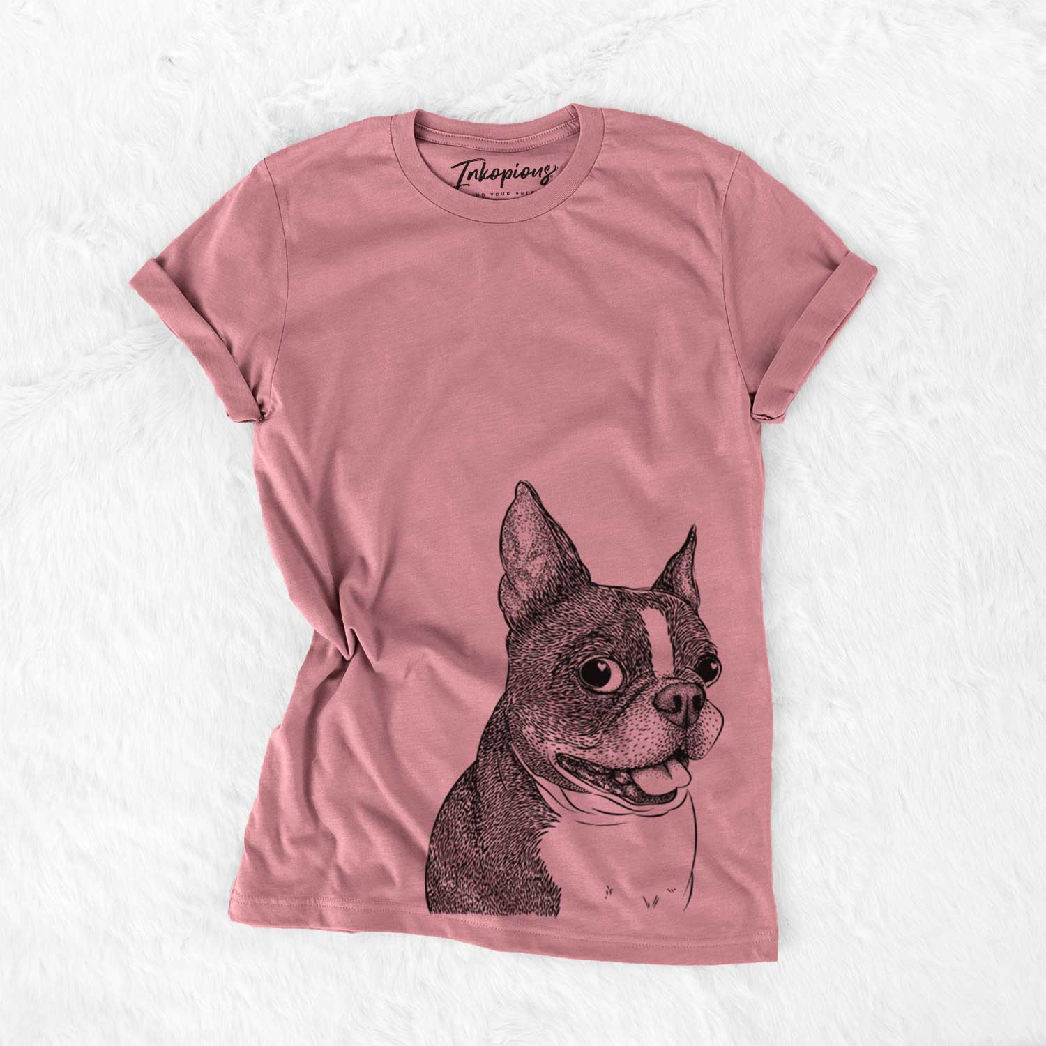 Hand-drawn sketch of Ralphie the Boston Terrier on a Mauve Unisex crewneck