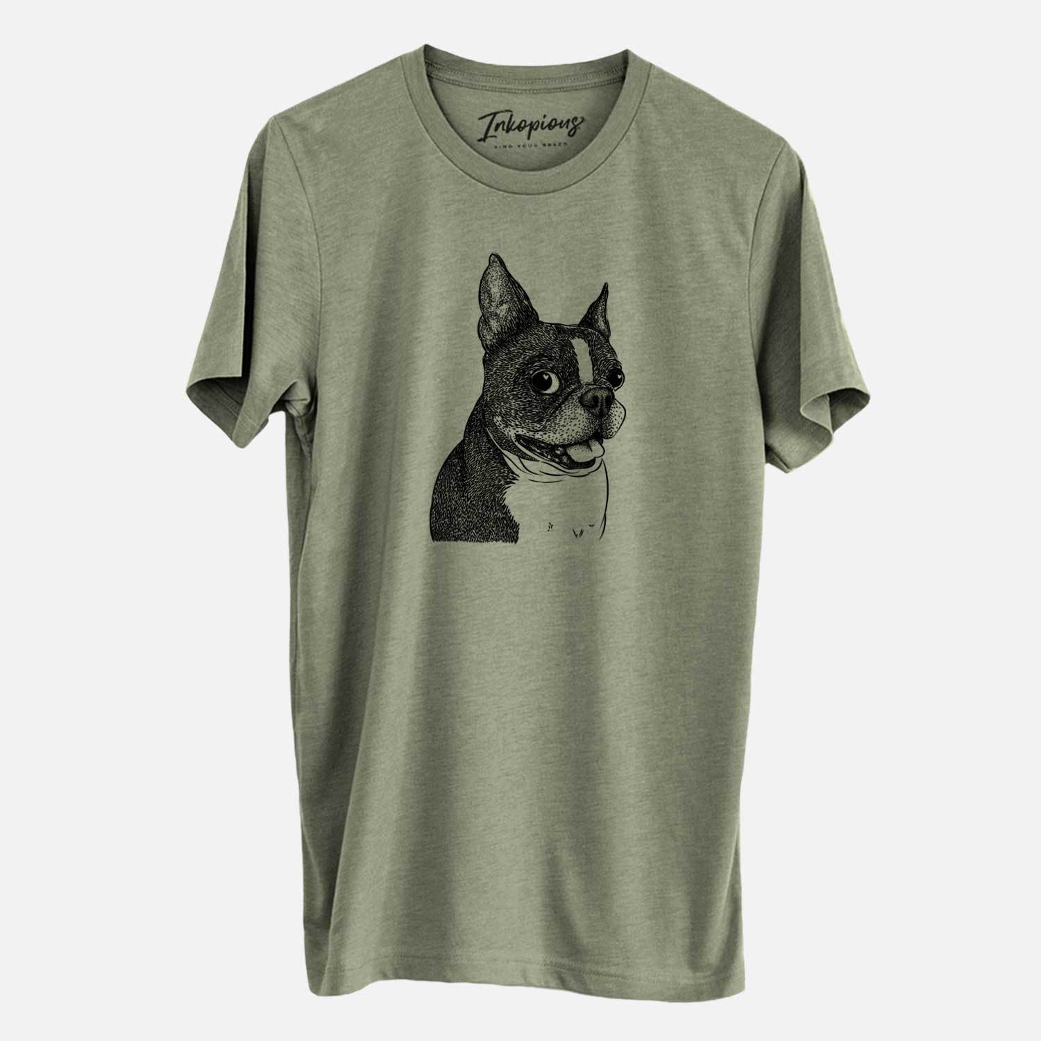 Hand-drawn sketch of Ralphie the Boston Terrier on an Olive Unisex crewneck
