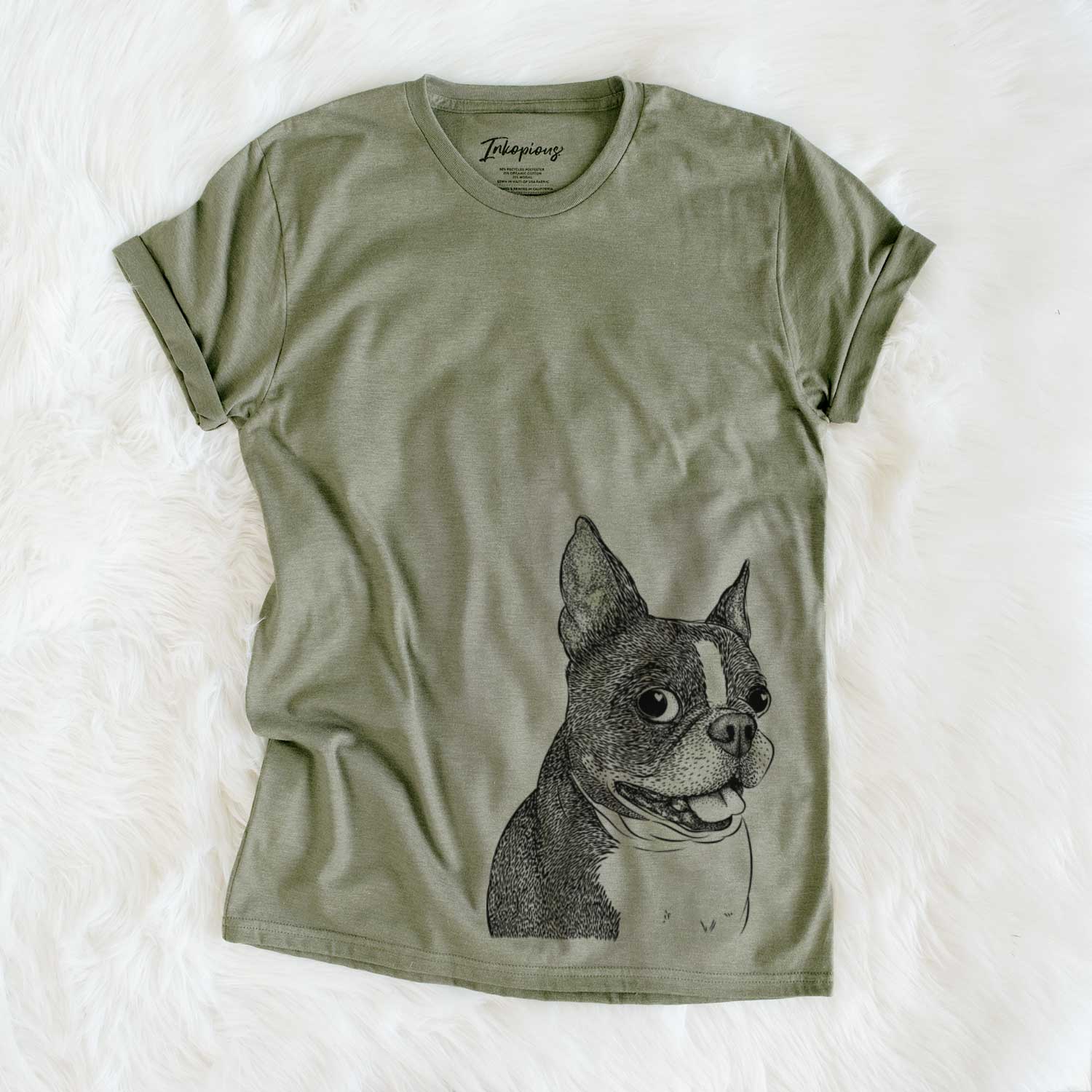 Hand-drawn sketch of Ralphie the Boston Terrier on an Olive Unisex crewneck