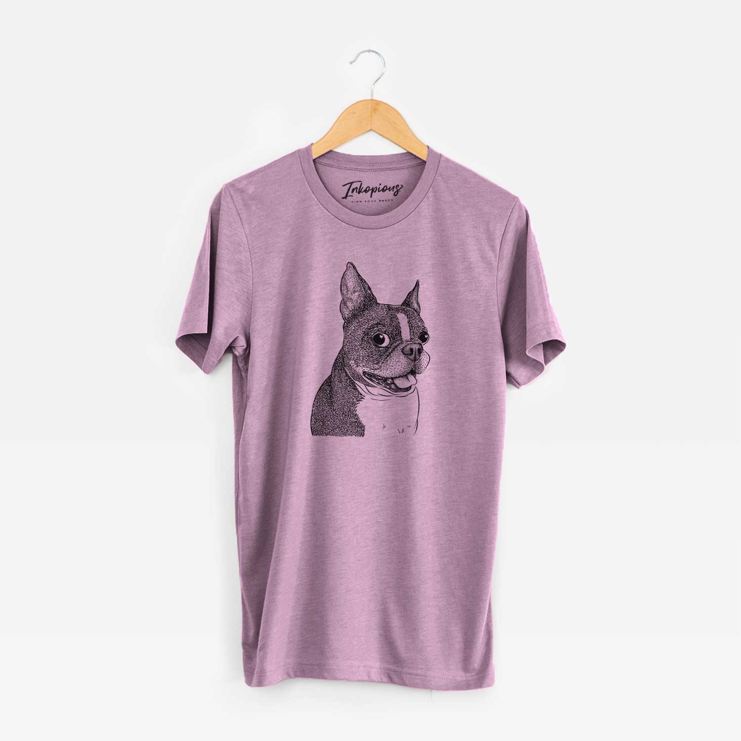Hand-drawn sketch of Ralphie the Boston Terrier on an Orchid Unisex crewneck