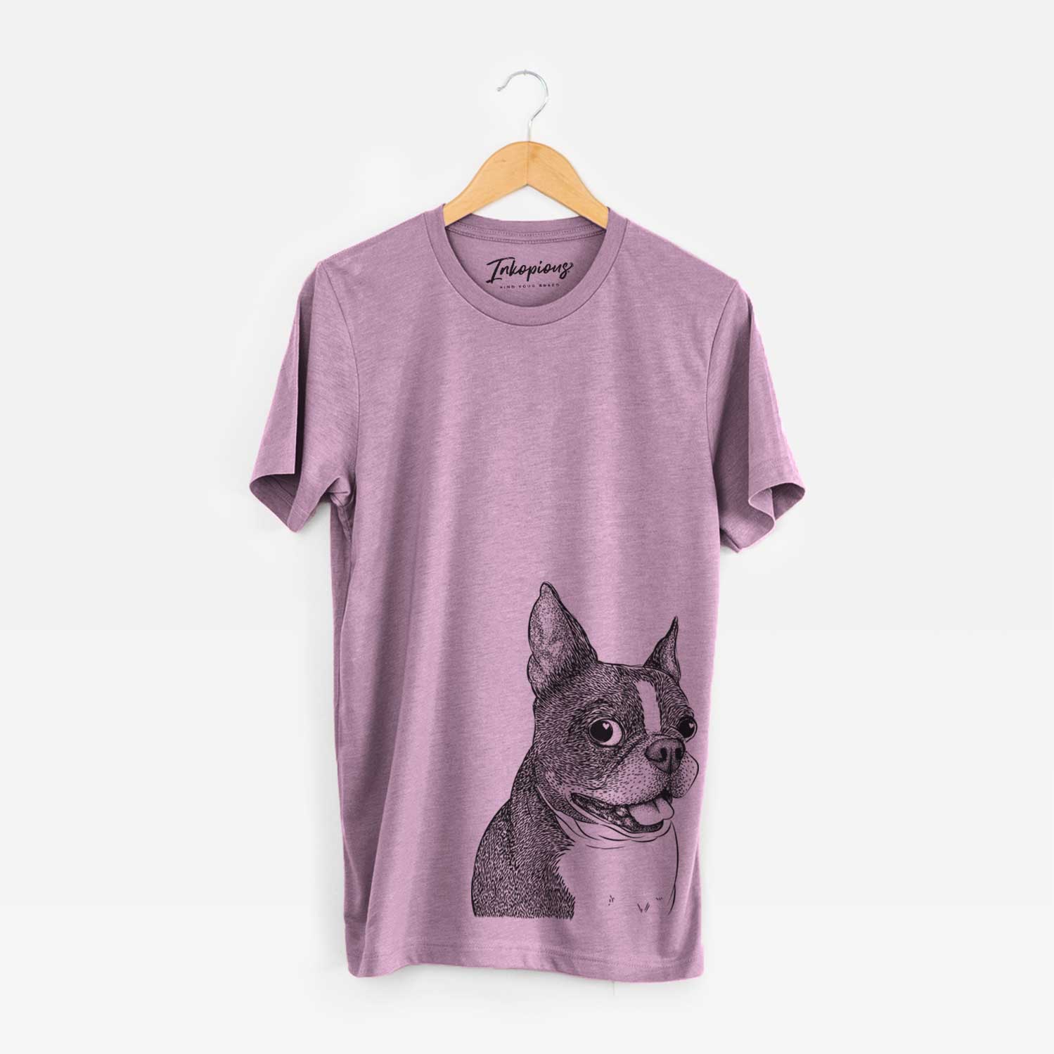 Hand-drawn sketch of Ralphie the Boston Terrier on an Orchid Unisex crewneck