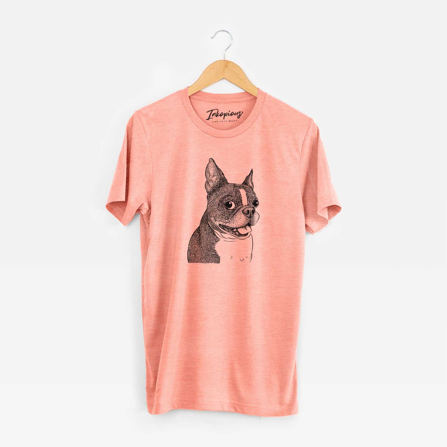 Hand-drawn sketch of Ralphie the Boston Terrier on a Sunset Unisex crewneck