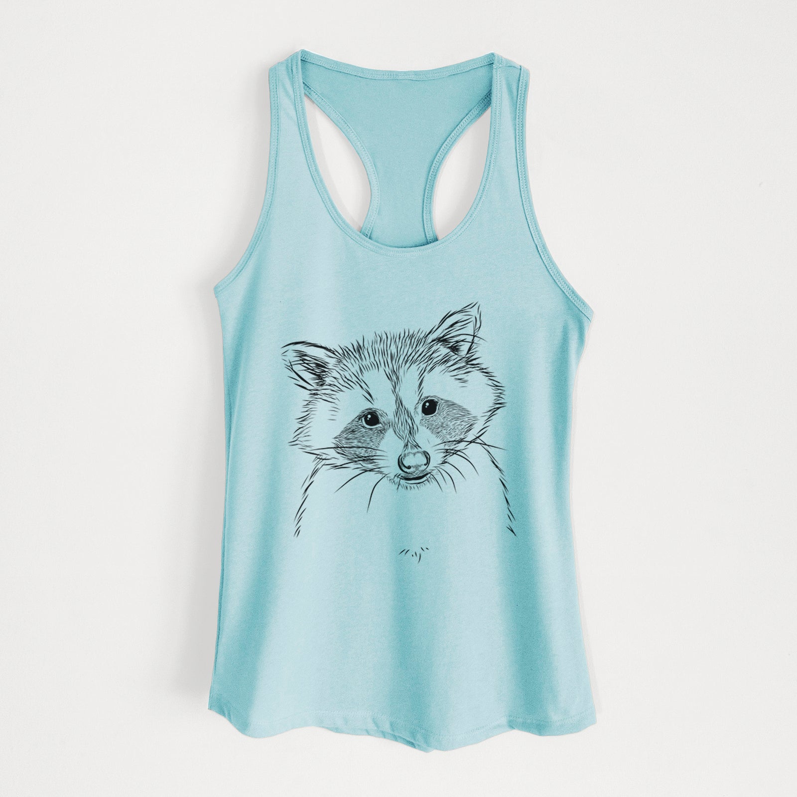 Hand-drawn sketch of Randy the Raccoon on a Cancun Blue Women's racerback tanktop