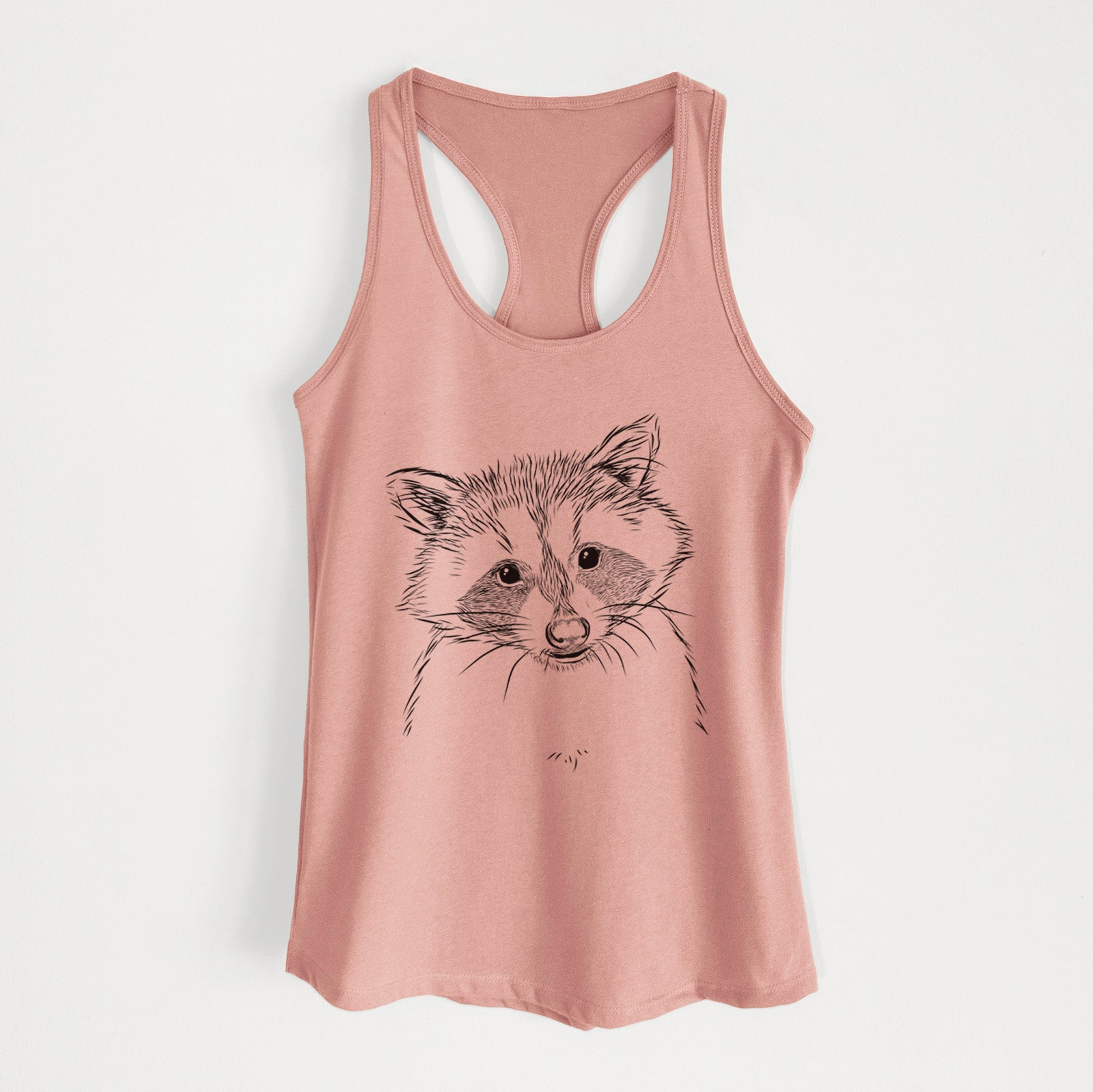 Hand-drawn sketch of Randy the Raccoon on a Desert Pink Women's racerback tanktop